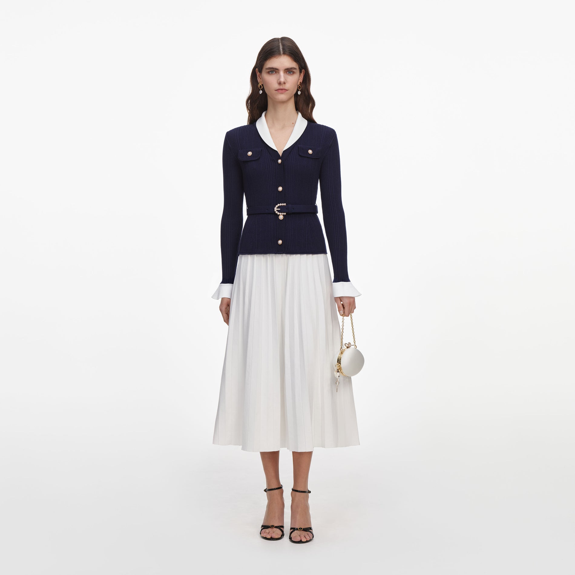 Navy Ribbed Knit Contrast Midi Dress