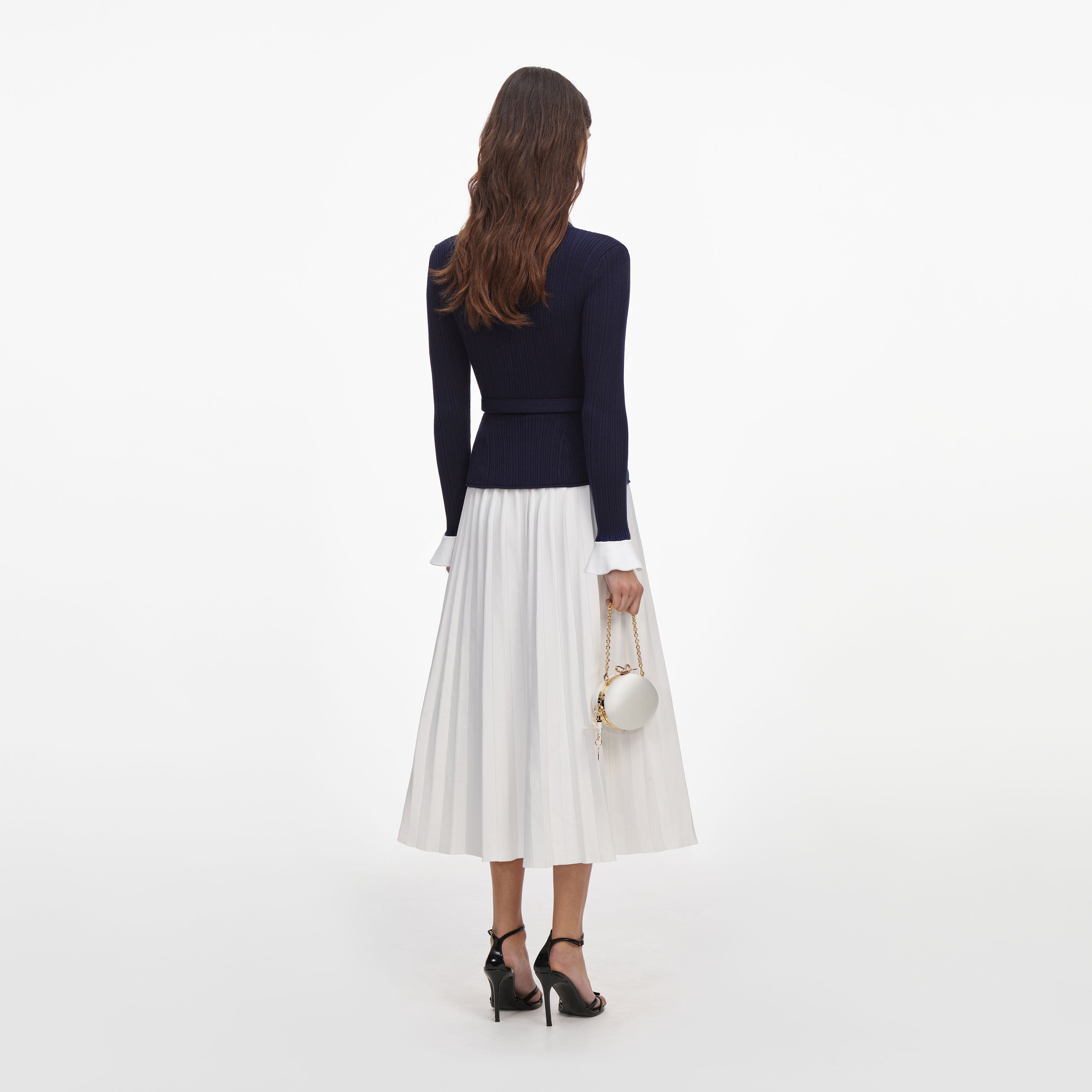 Navy Ribbed Knit Contrast Midi Dress
