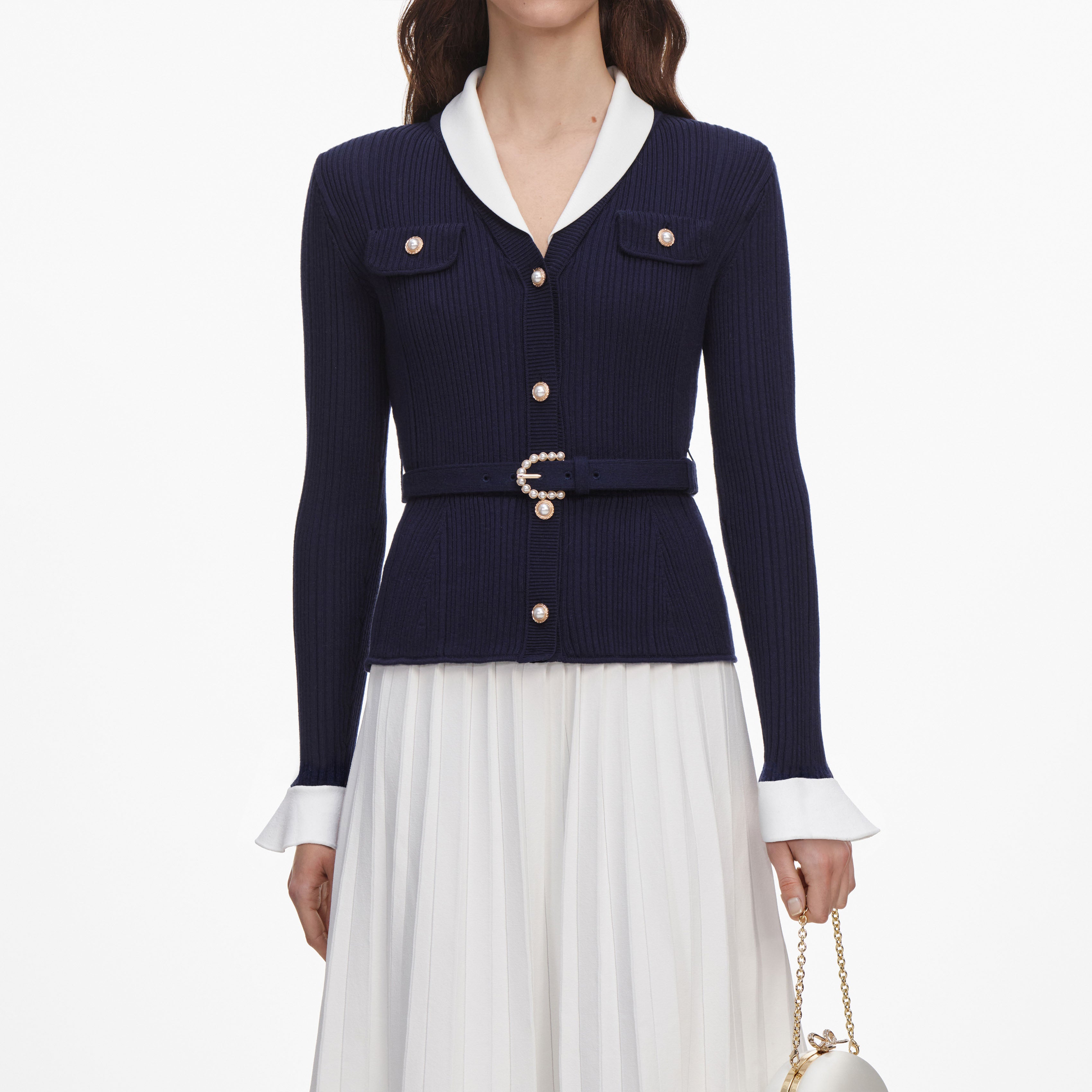 Navy Ribbed Knit Contrast Midi Dress