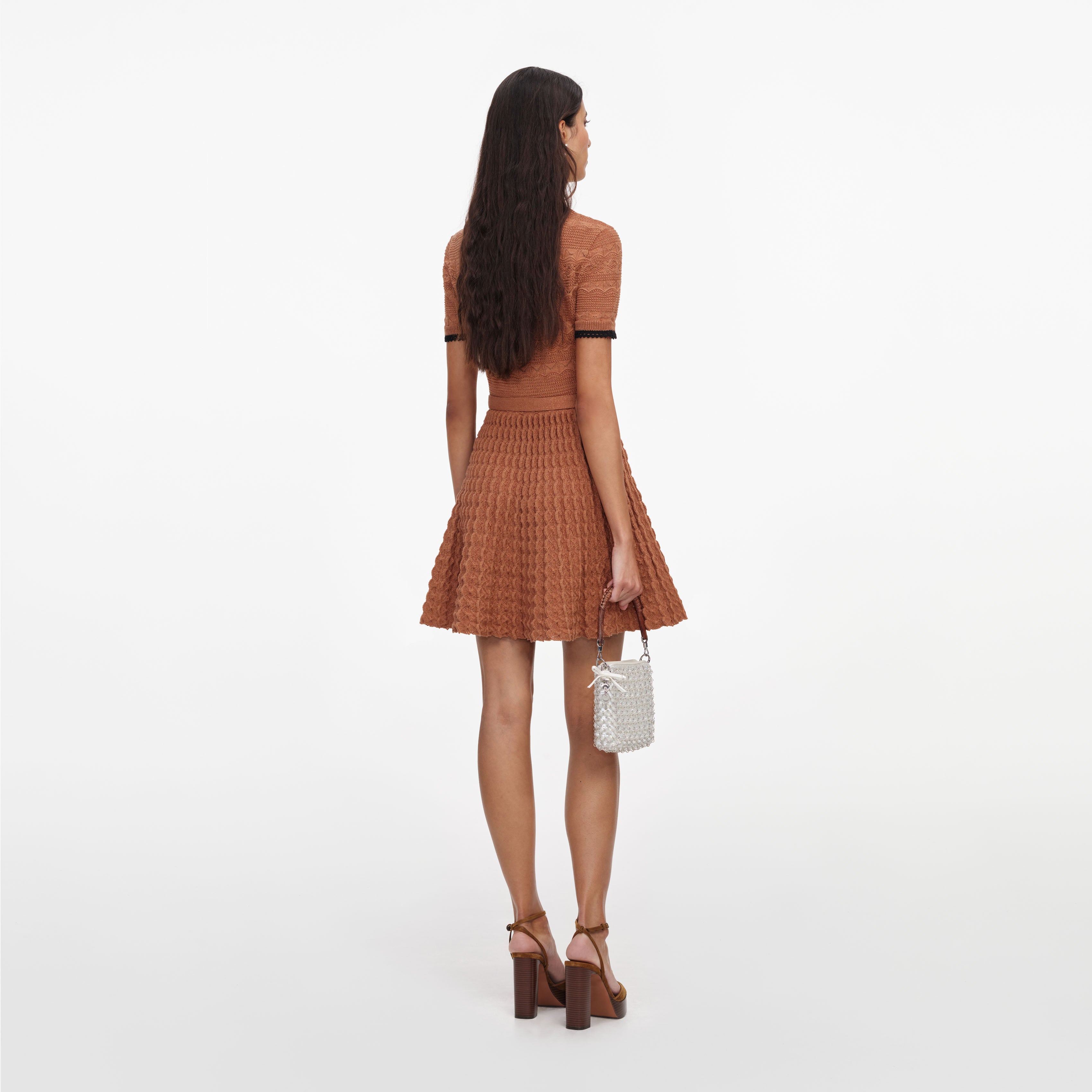 Brown Pointelle Knit Mini Dress