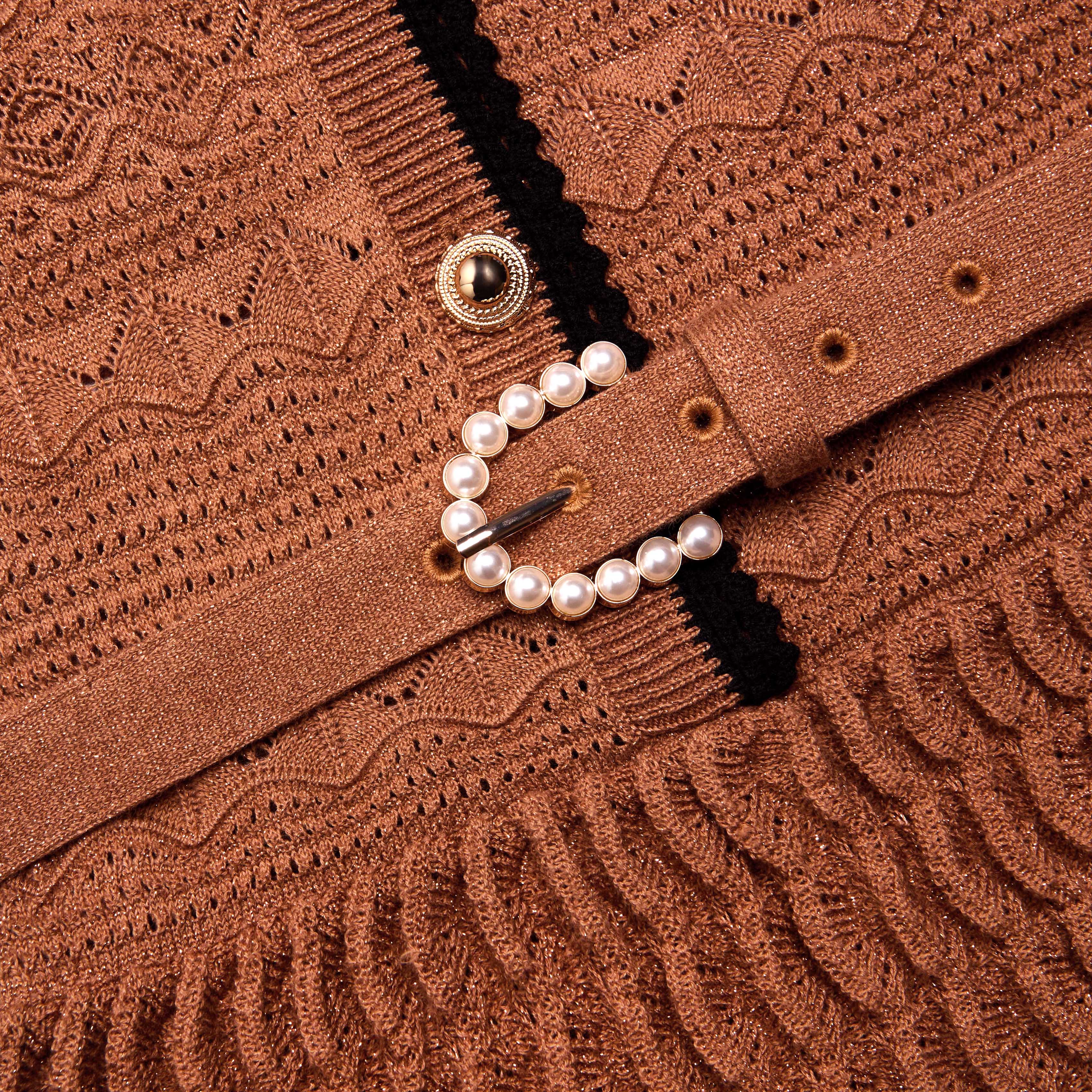 Brown Pointelle Knit Mini Dress