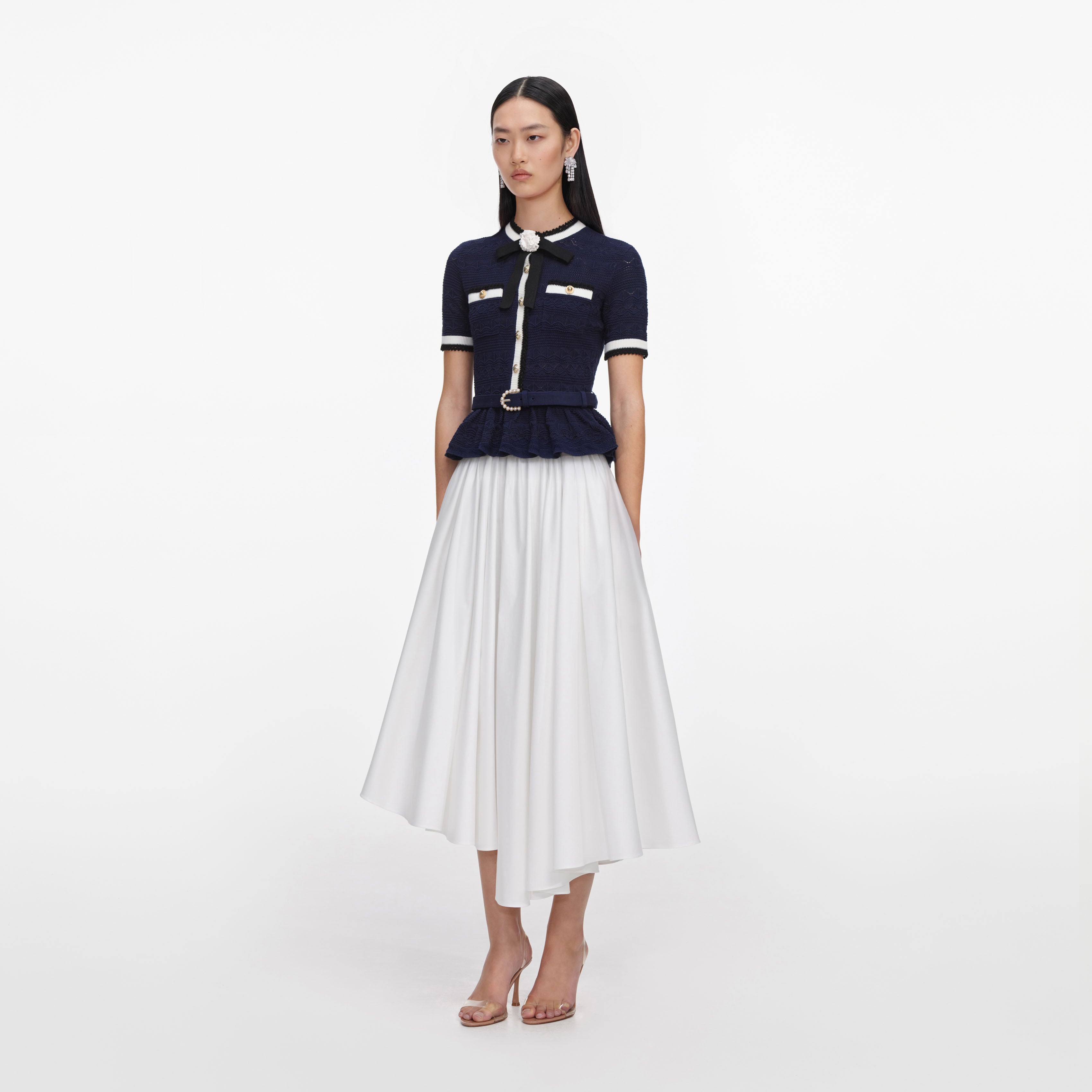 Navy Peplum Pointelle Knit Top