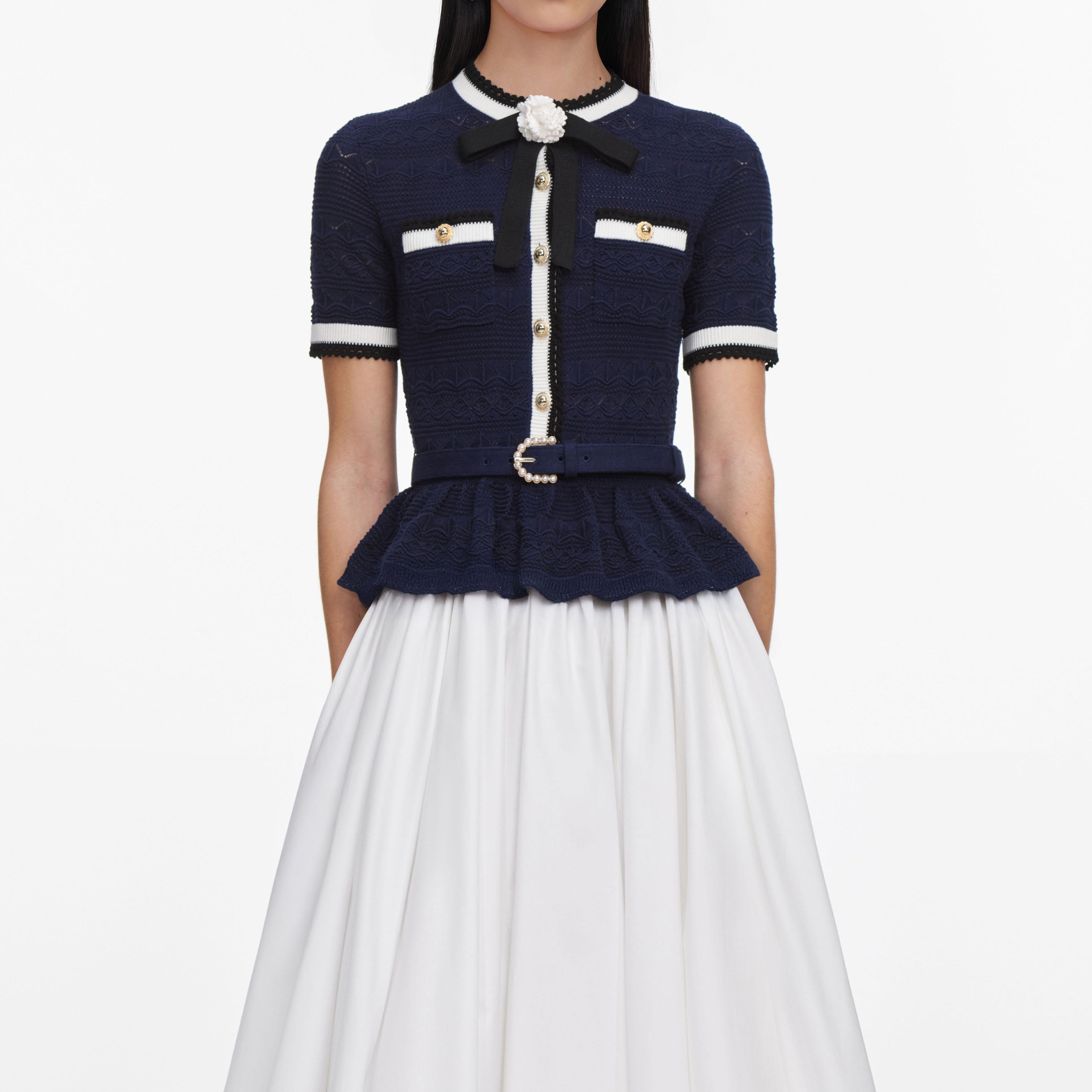Navy Peplum Pointelle Knit Top – self-portrait