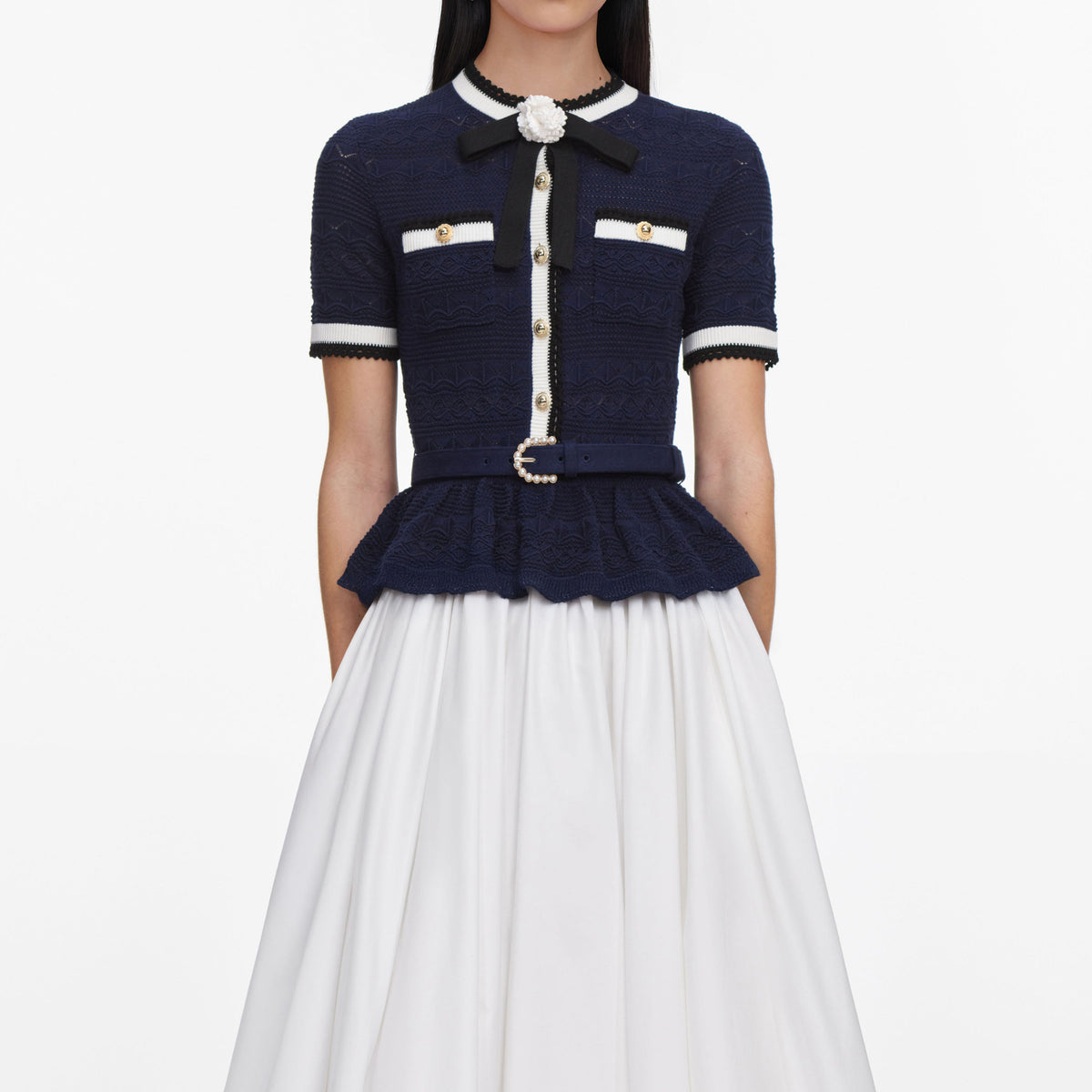 Navy Peplum Pointelle Knit Top – self-portrait