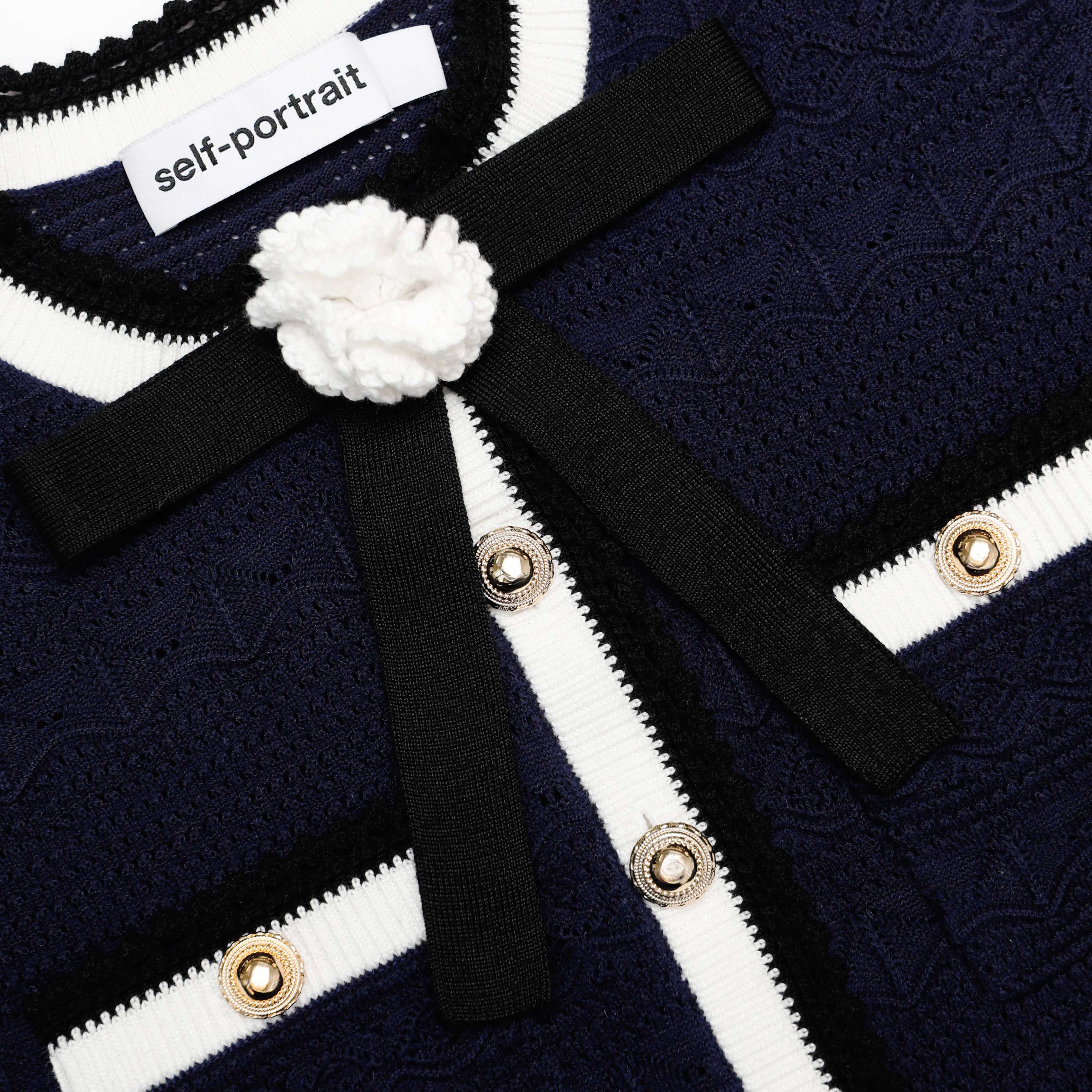 Navy Peplum Pointelle Knit Top – self-portrait
