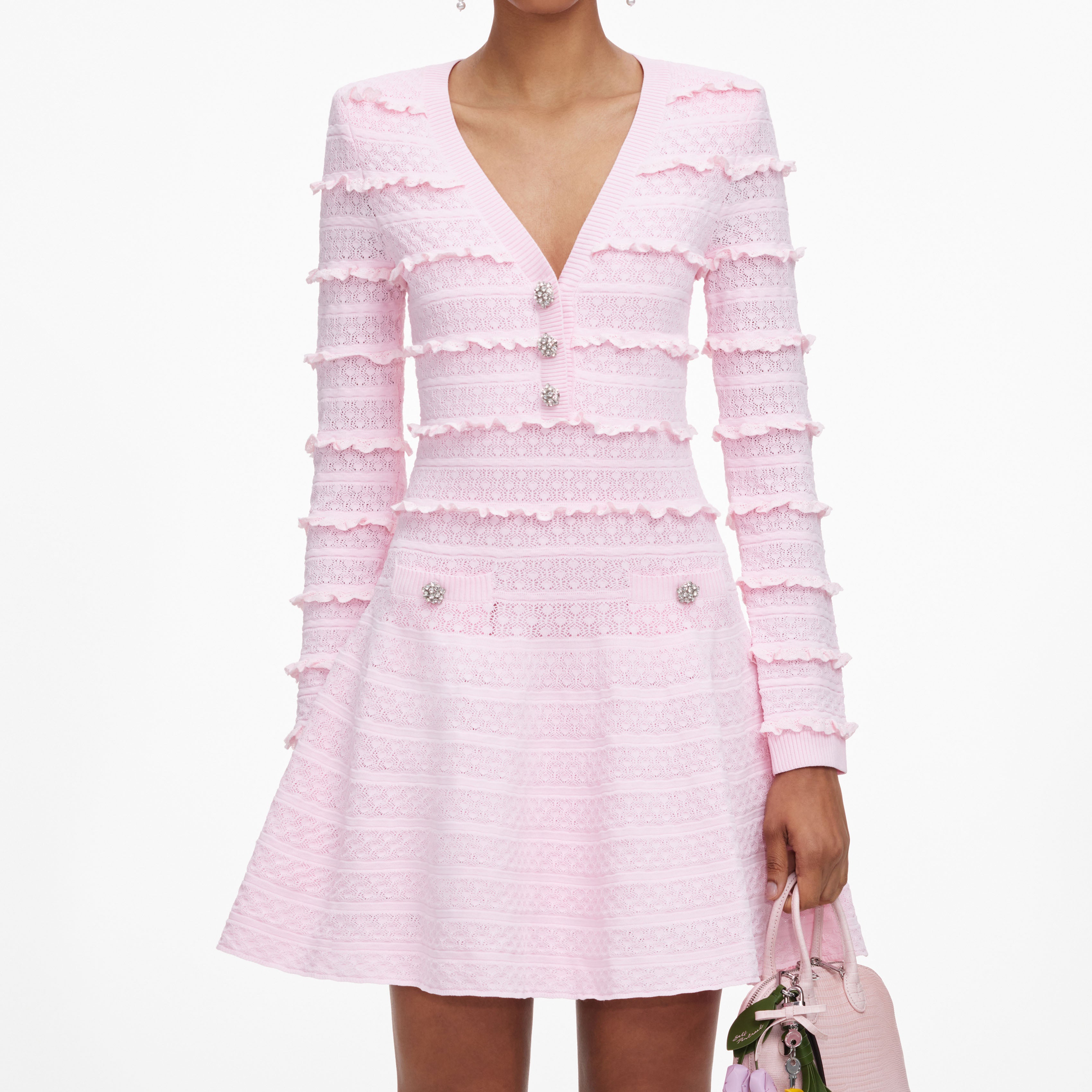 Pink Pointelle Diamante Knit Mini Dress – self-portrait