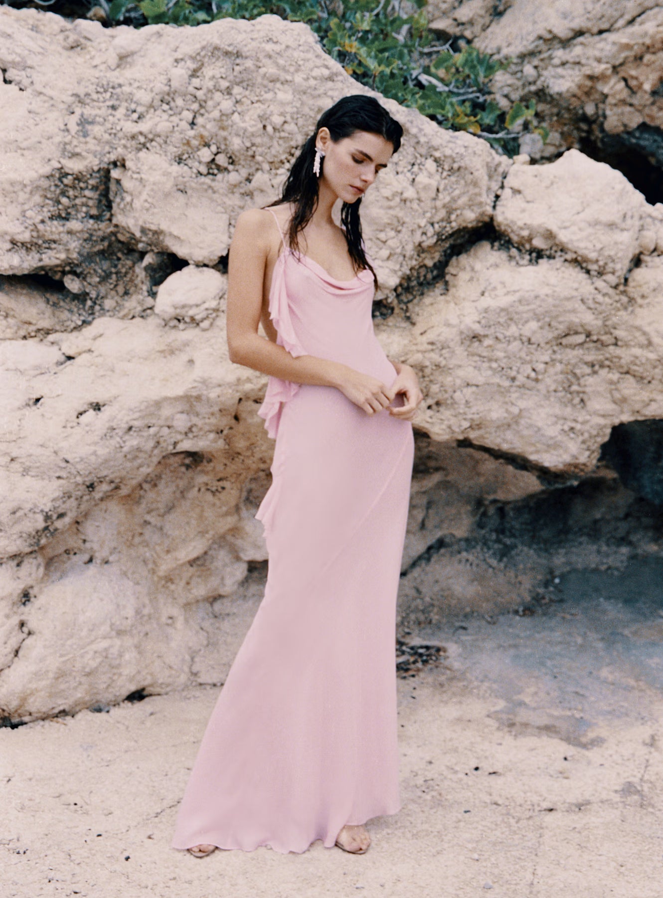 Pink Georgette Frill Maxi Dress  self-portrait