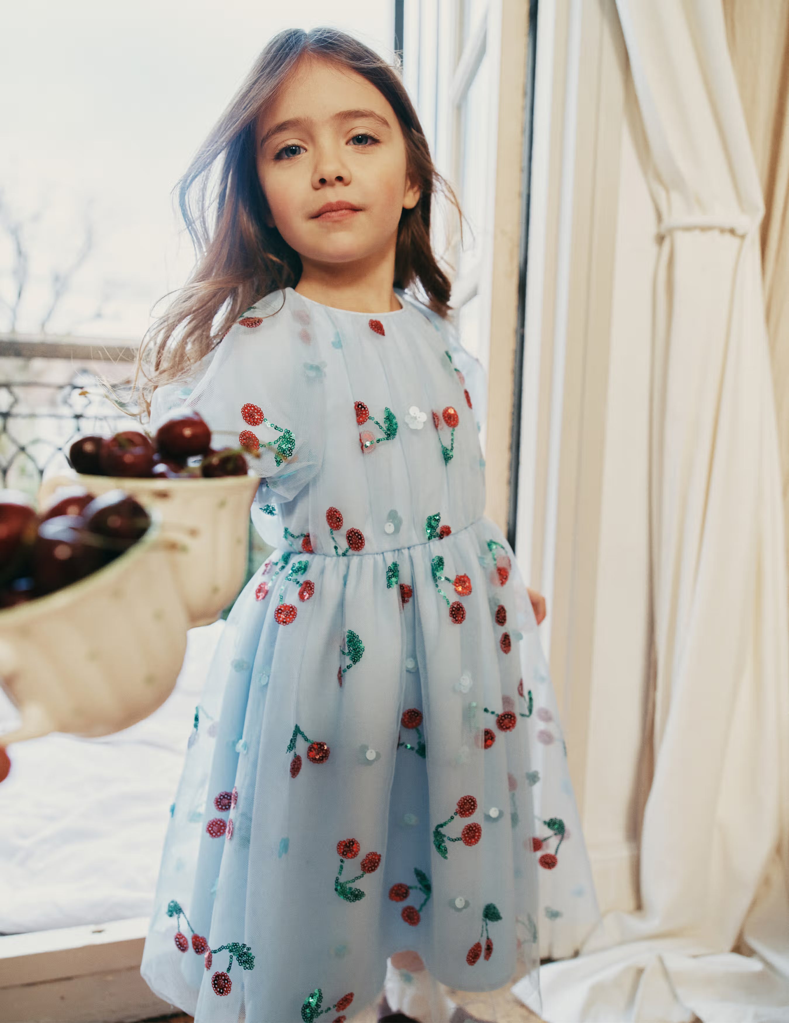 blue cherry dress La Coqueta Kids - Light Blue Cherry Rita Girl Drop Waist Dress