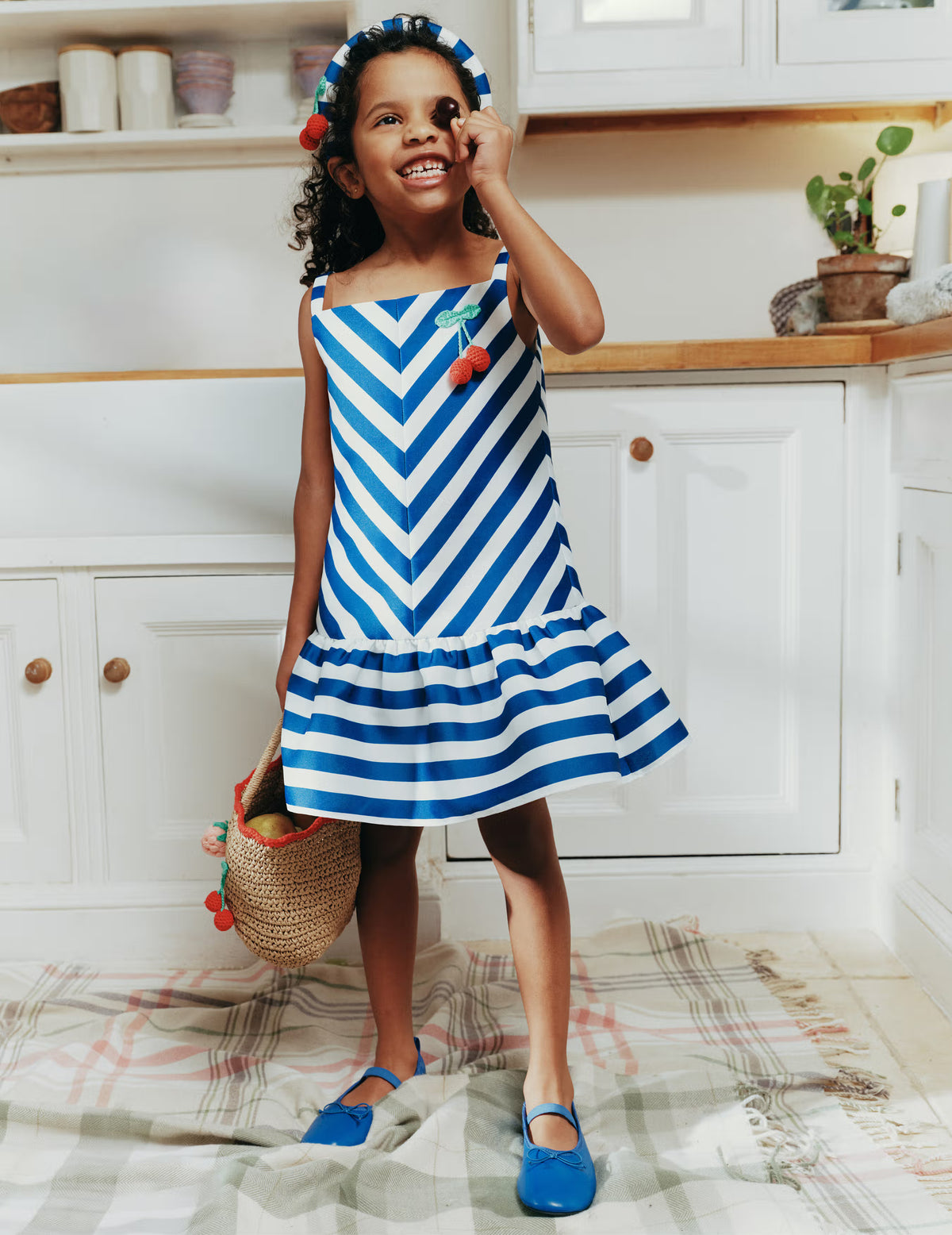 Navy Stripe Cherry Motif Dress – self-portrait