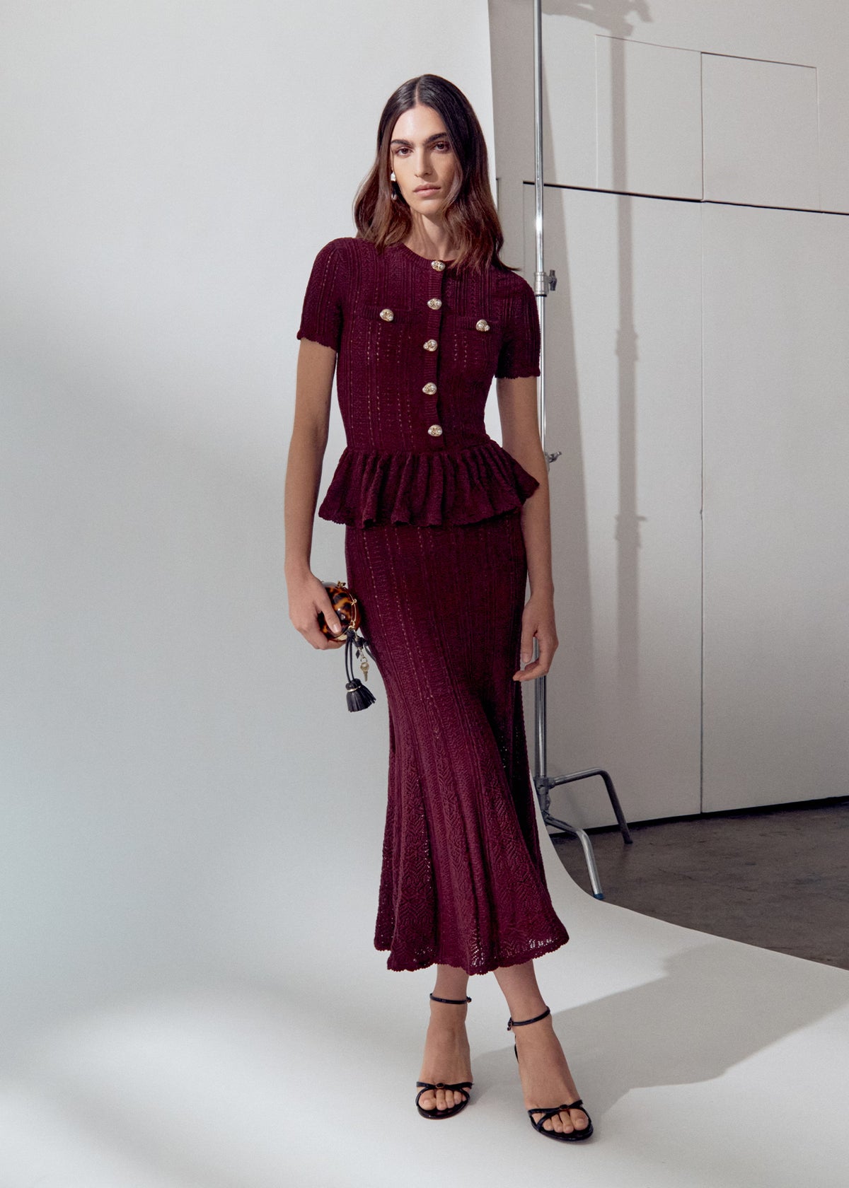Burgundy Pointelle Peplum Knit Midi Dress