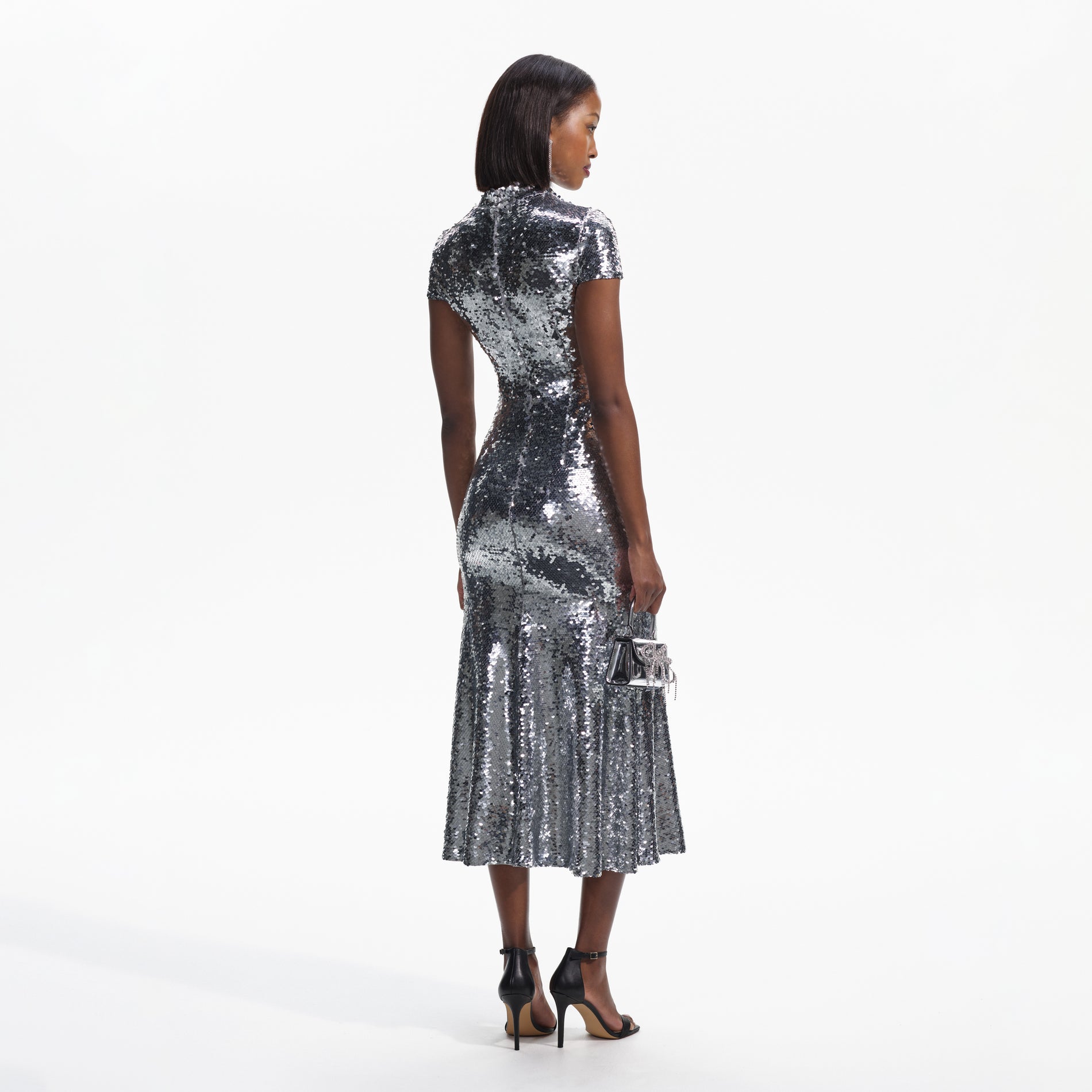 Silver Sequin Twist Neck Midi Dress