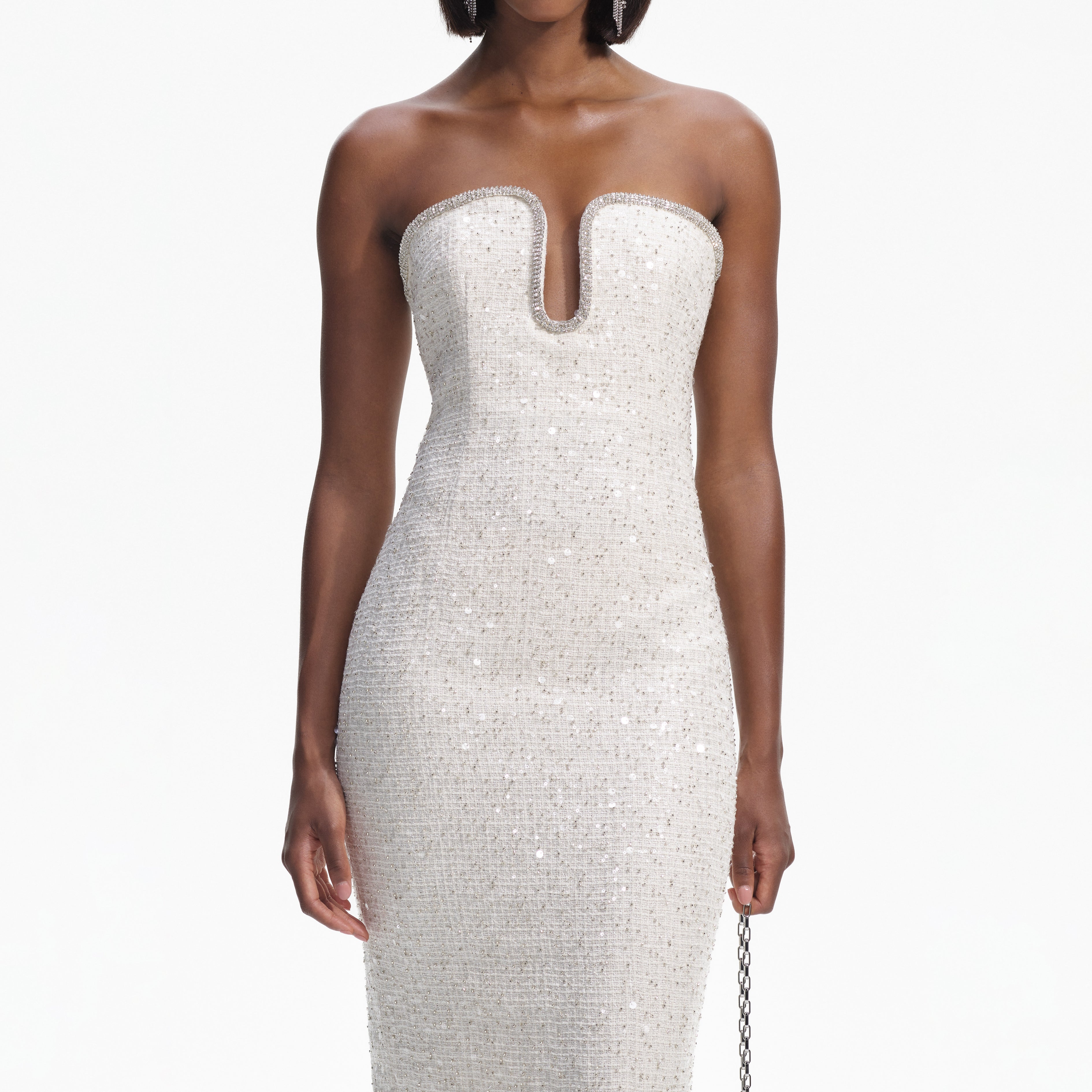 Cream Sequin Boucle Strapless Midi Dress