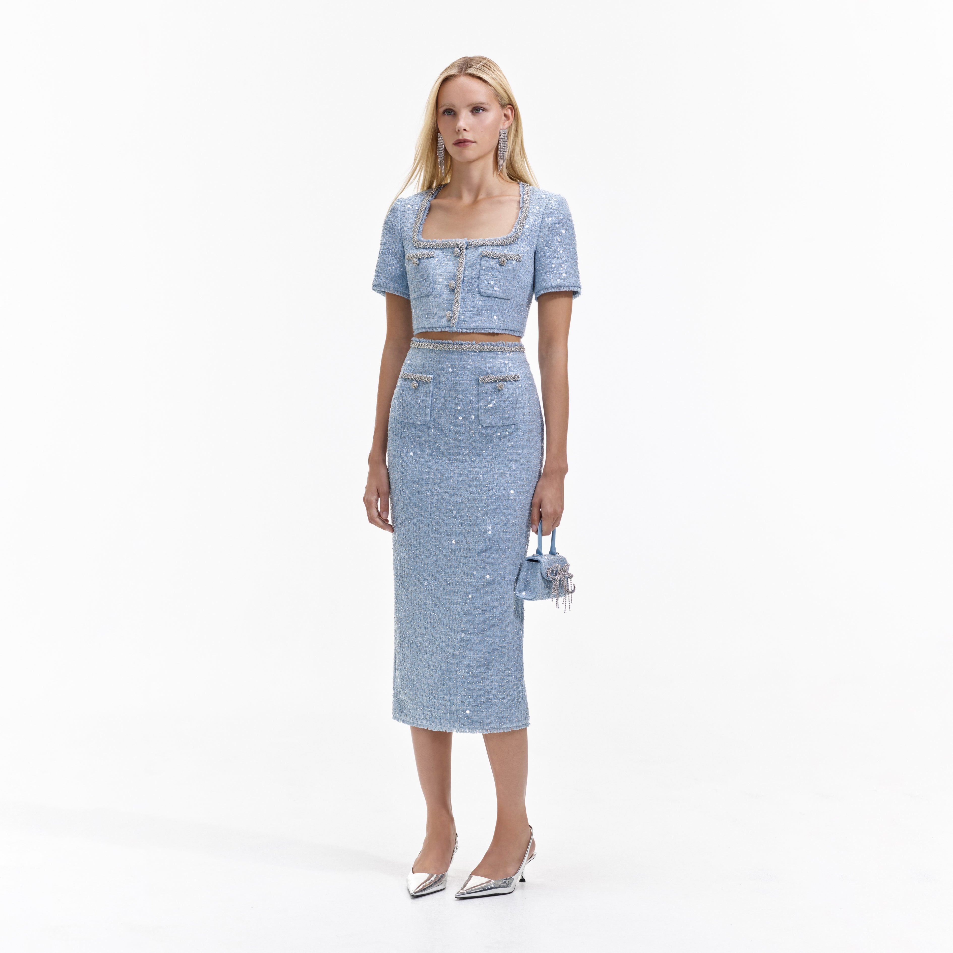 Blue Sequin Boucle Midi Skirt