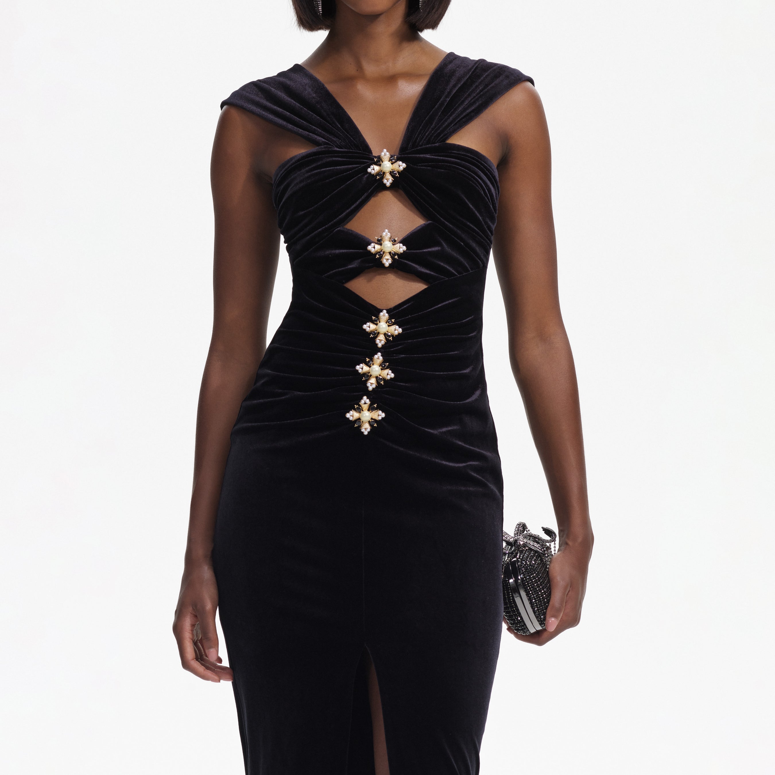 Black Velvet Cut-Out Slit Maxi Dress