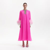 Pink Chiffon Feather Midi Dress