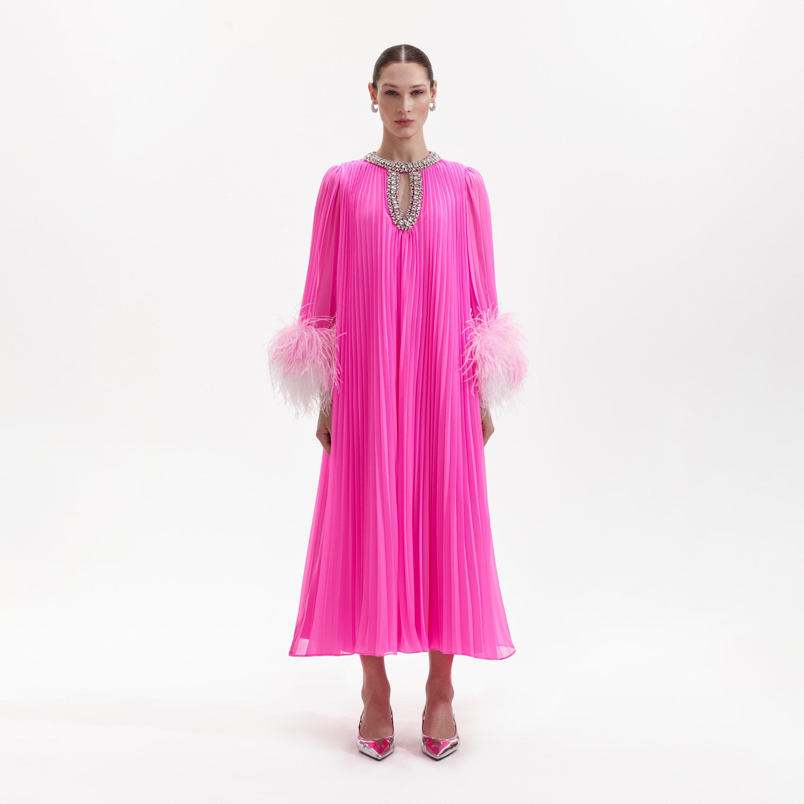 Pink Chiffon Feather Midi Dress – self-portrait