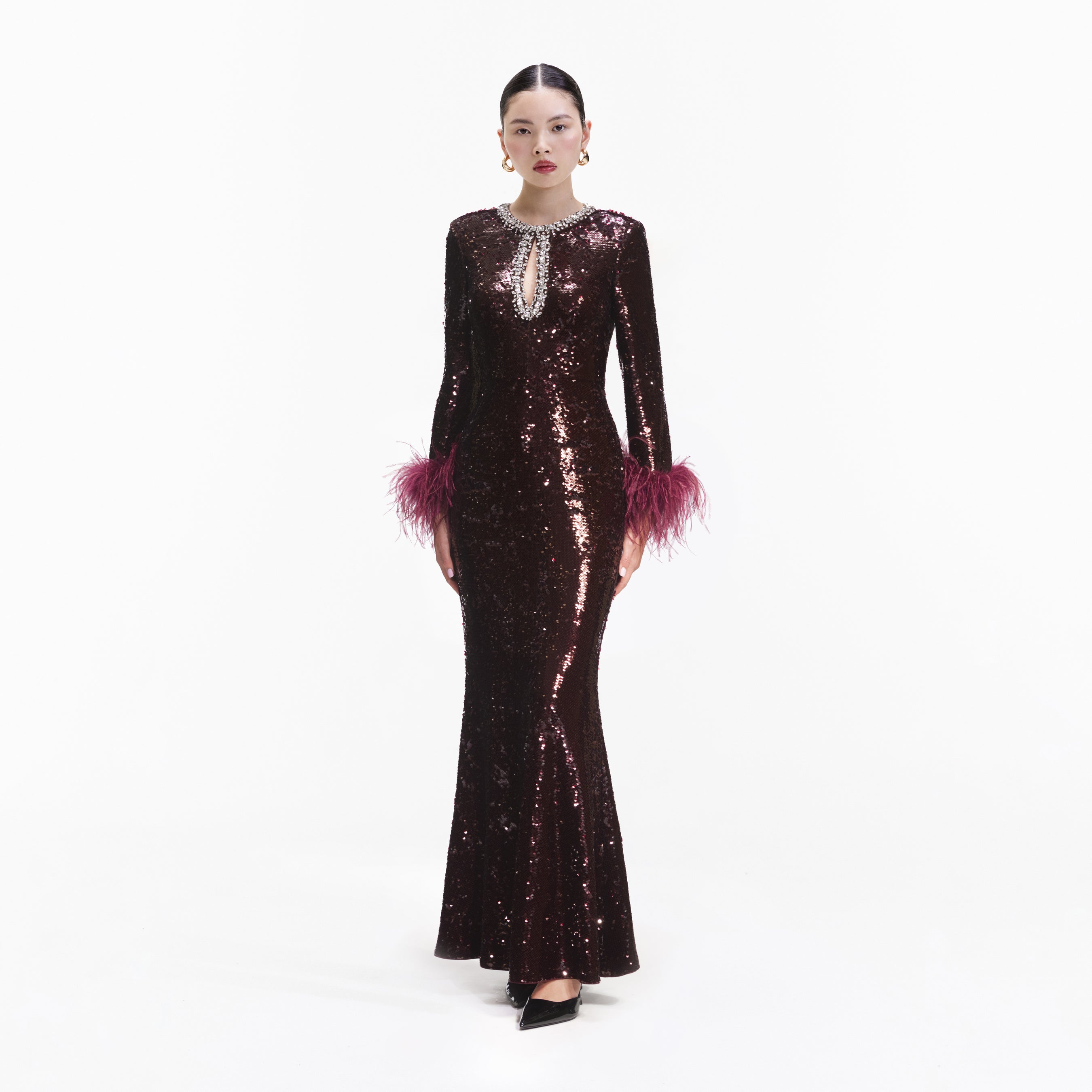 Burgundy Sequin Feather Maxi Dress