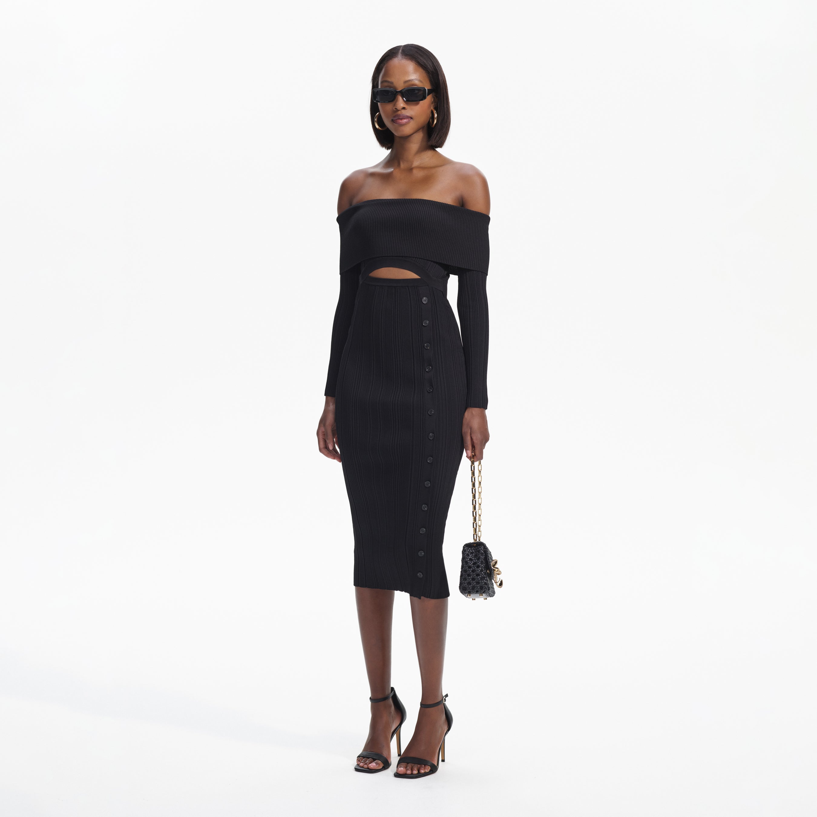 Black Off Shoulder Knit Midi Dress