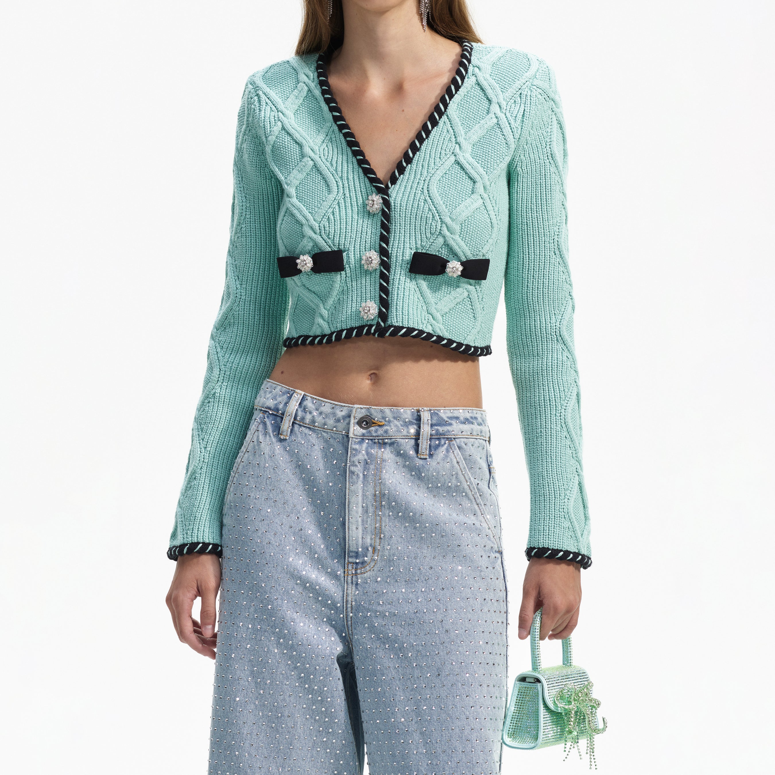 Mint Cable Knit Cropped Cardigan