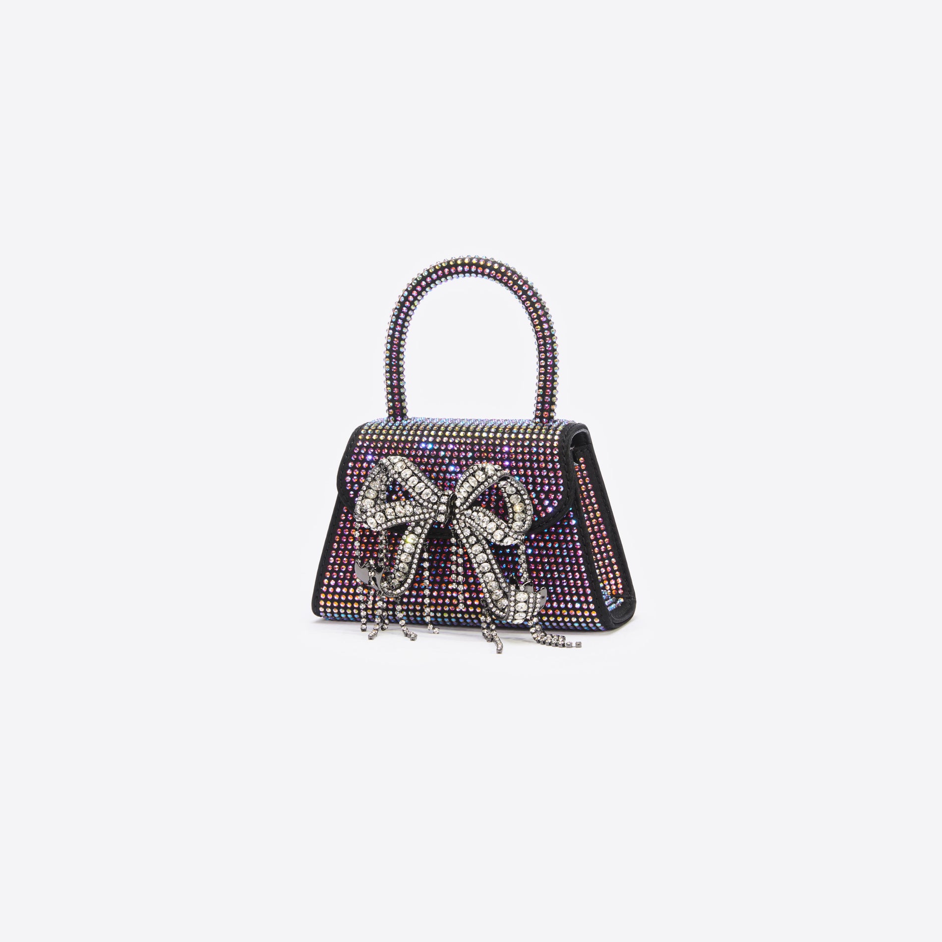 Side view of a woman wearing the Black Satin Rhinestone Micro Bow Bag