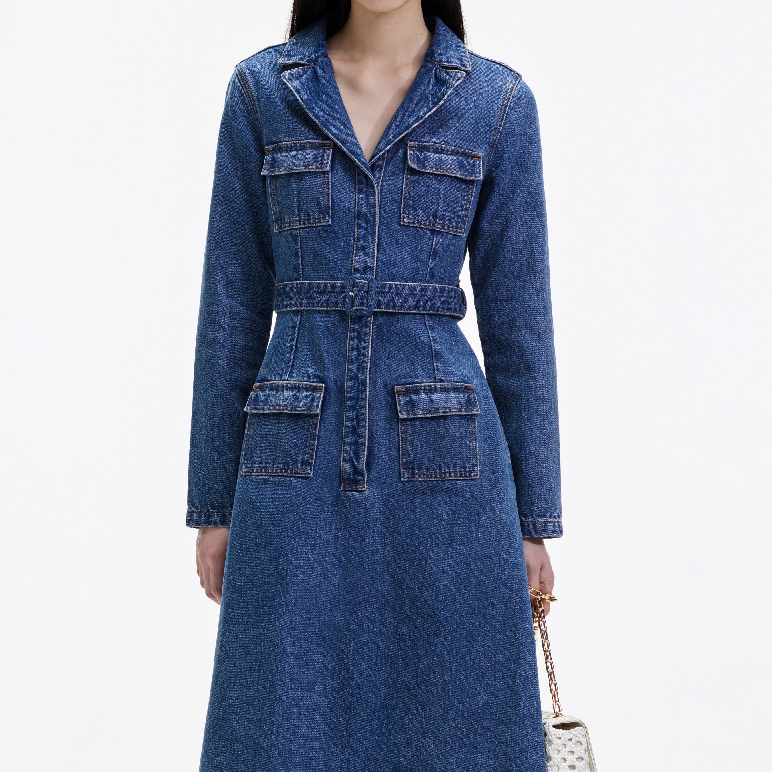 Blue Denim Belted Midi Dress – self-portrait