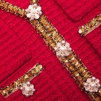 Red Knit V Neck Cardigan