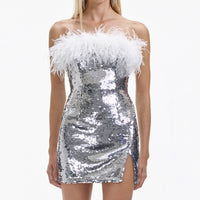Silver Sequin Feather Mini Dress