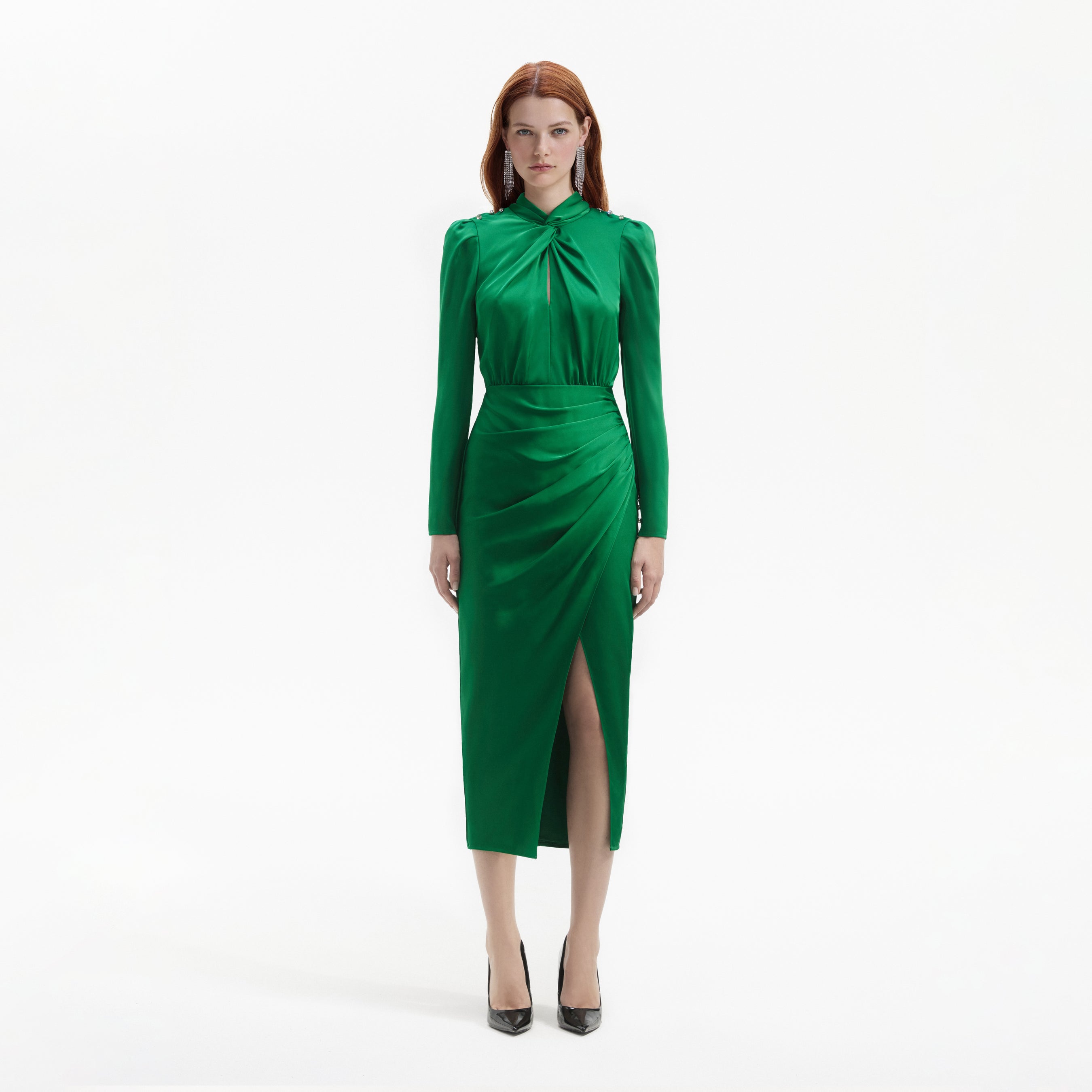 Green Satin High Neck Midi Dress