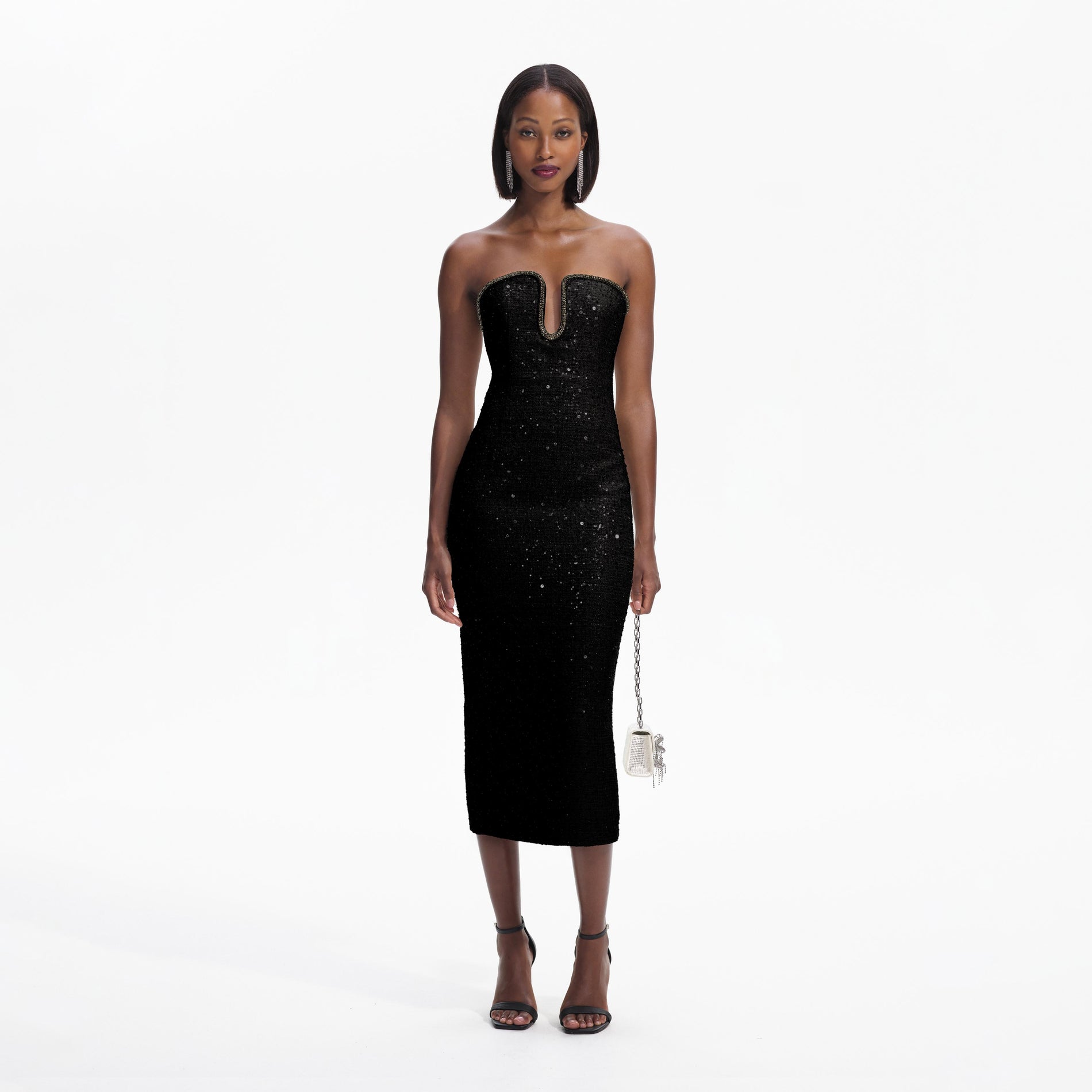 Black Sequin Boucle Midi Dress