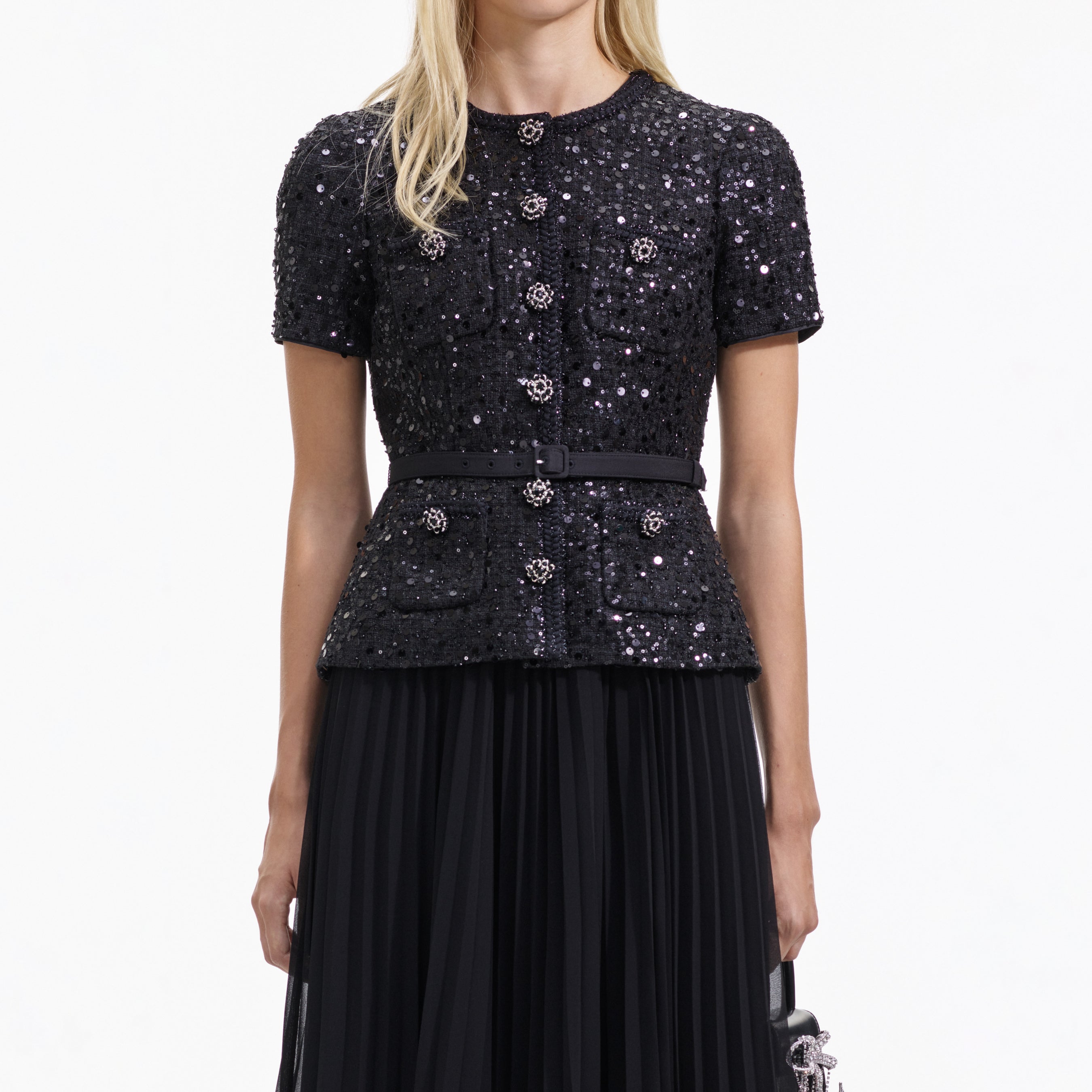 Black Sequin Boucle Tailored Midi Dress