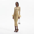 Gold Rhinestone Feather Midi Dress
