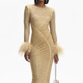 Gold Rhinestone Feather Midi Dress