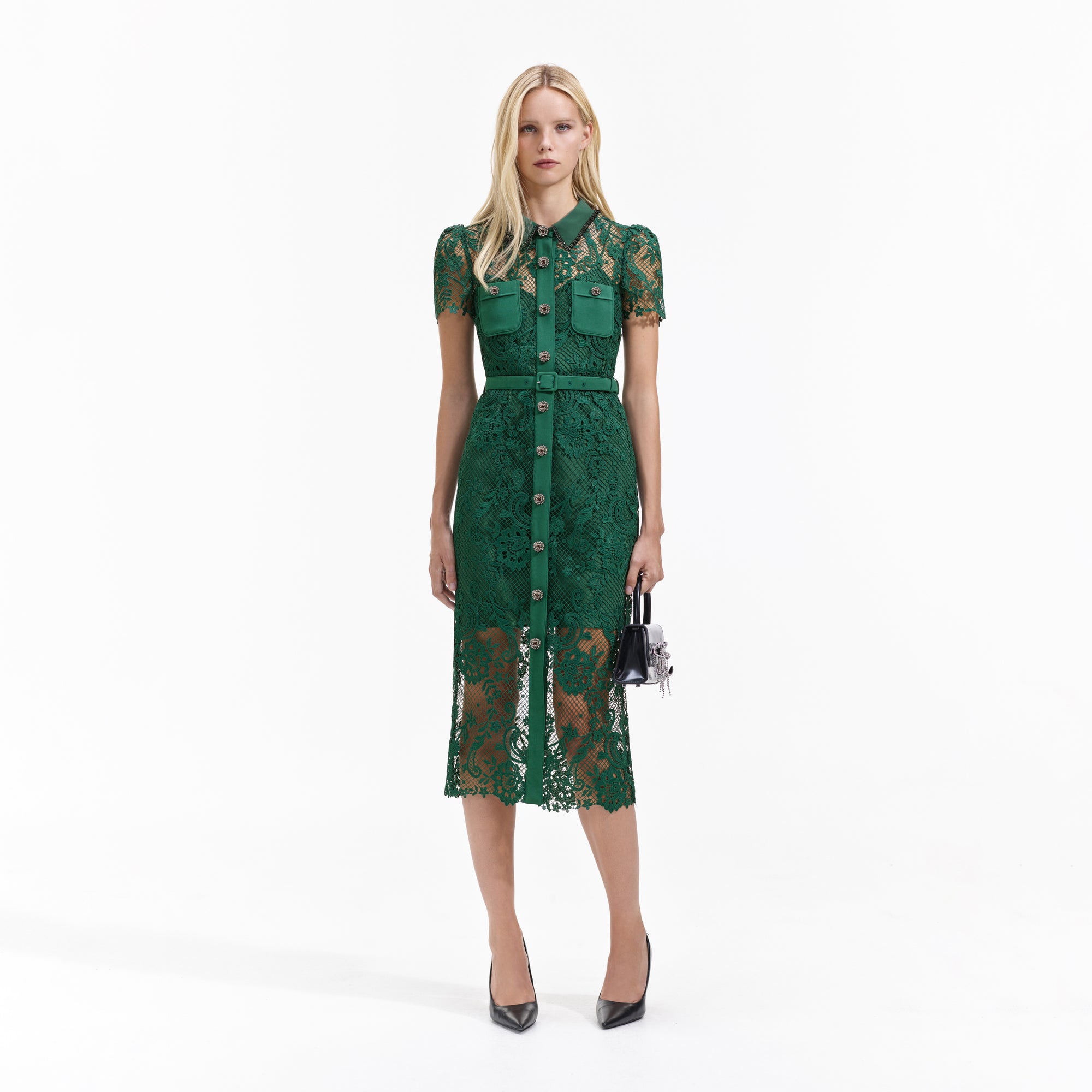 Front view of a woman wearing the Green Lace Button Front Midi Dress