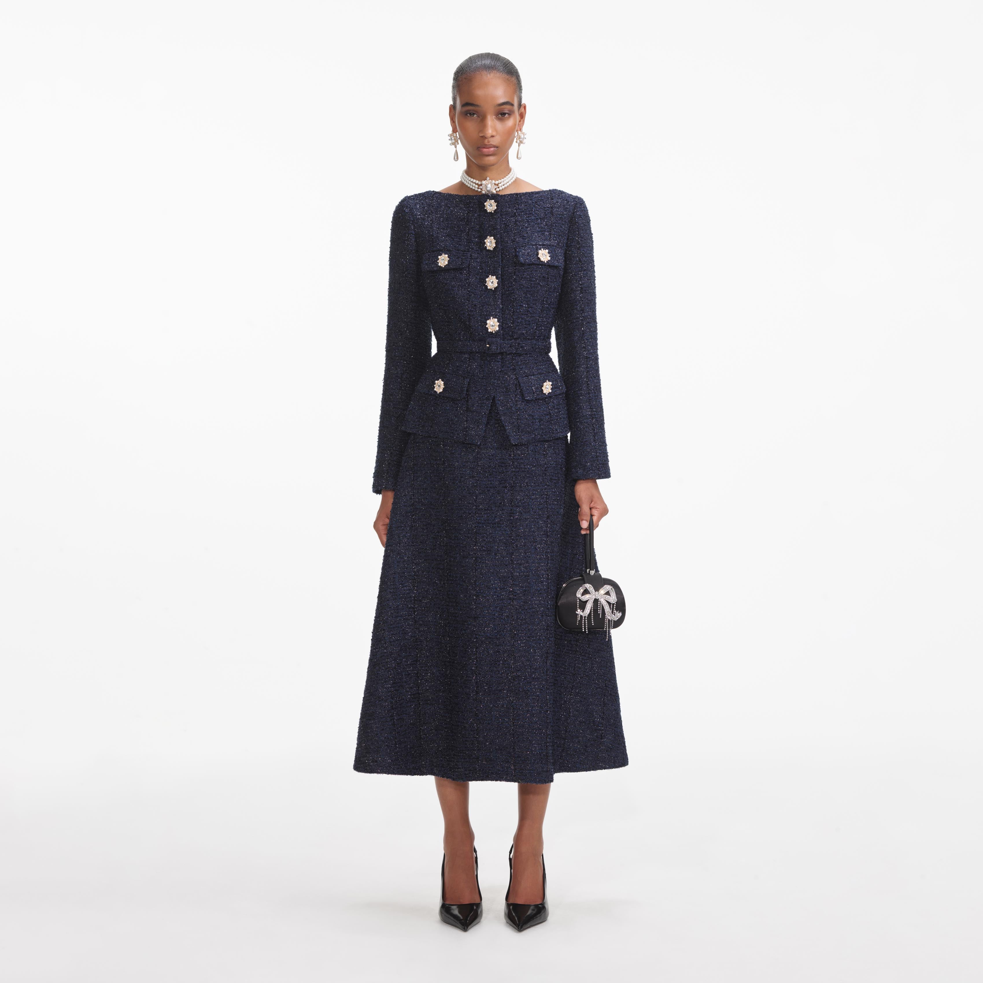 Allure Tweed Midi Dress navy M Short tweed dress Navy | Maje