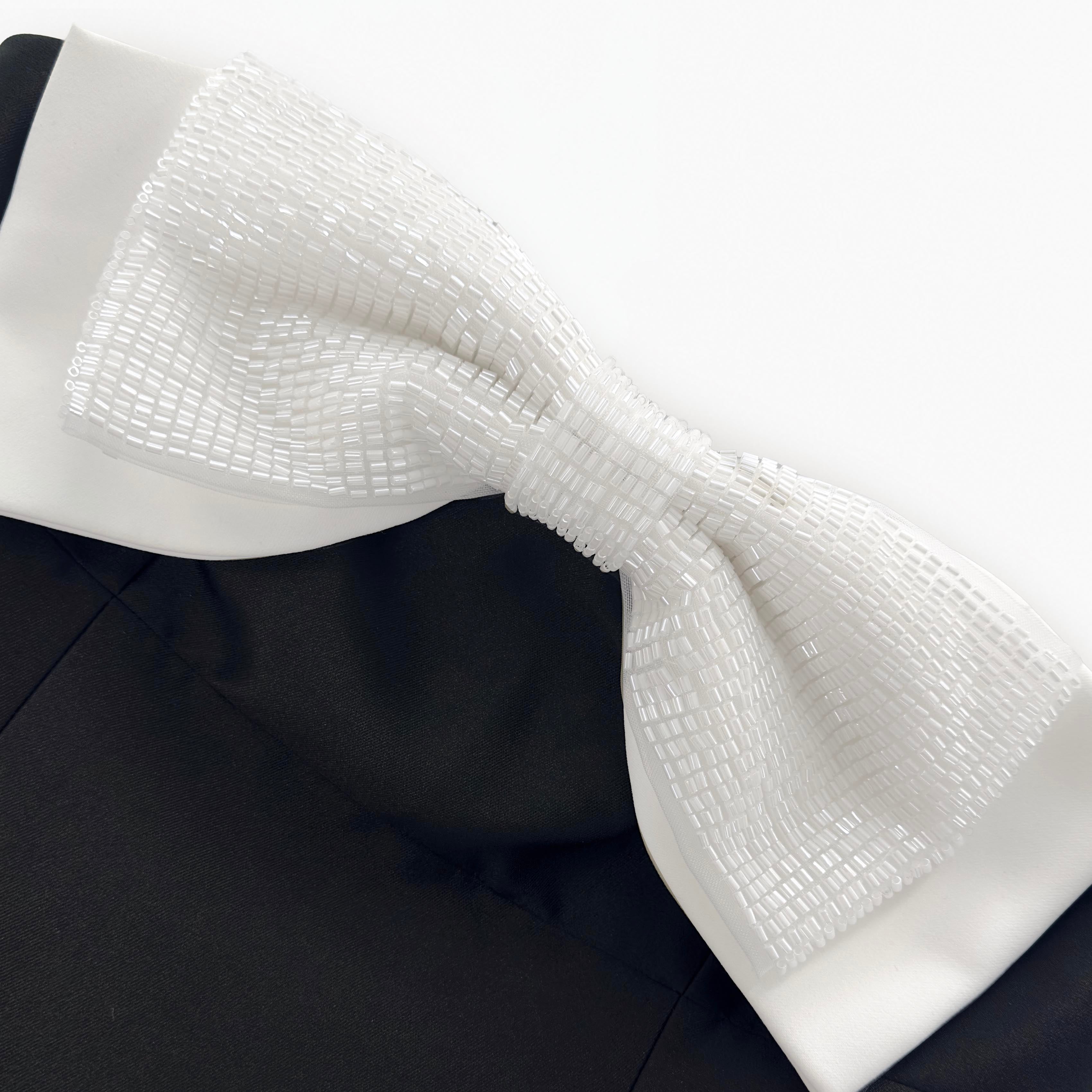 블랙 태피터 콘트라스트 리본 미디 드레스