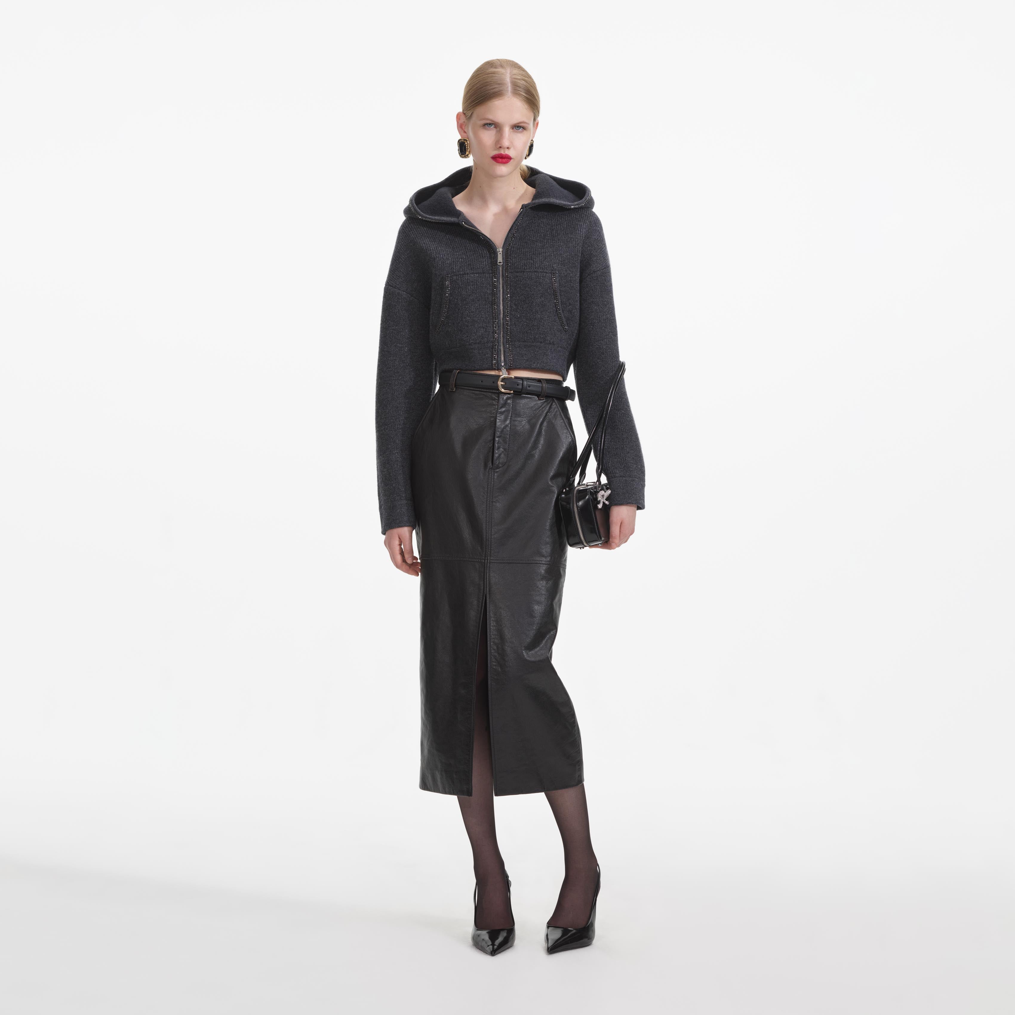 그레이 니트 크롭 후드 티셔츠