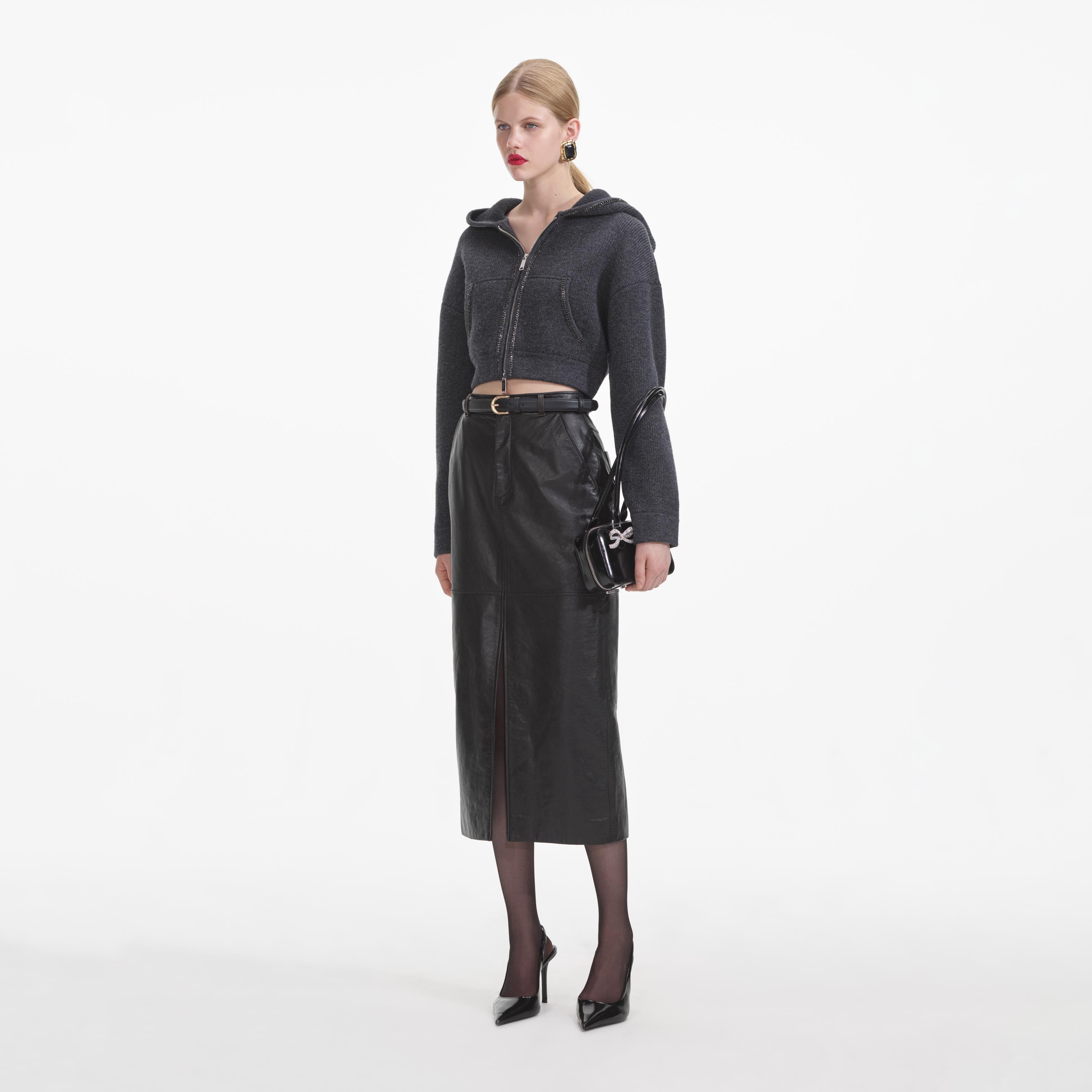 그레이 니트 크롭 후드 티셔츠