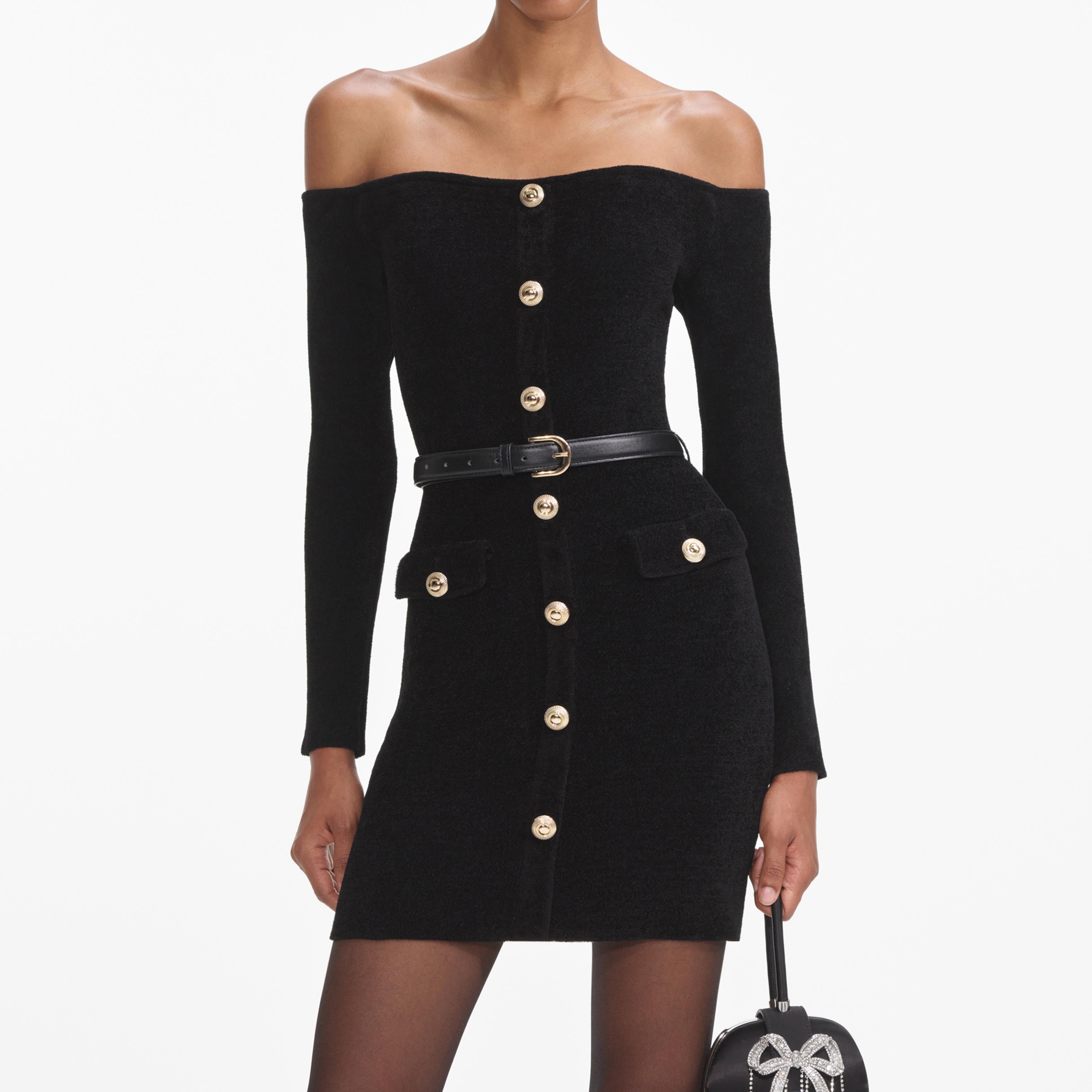 블랙 셰닐 니트 미니 드레스