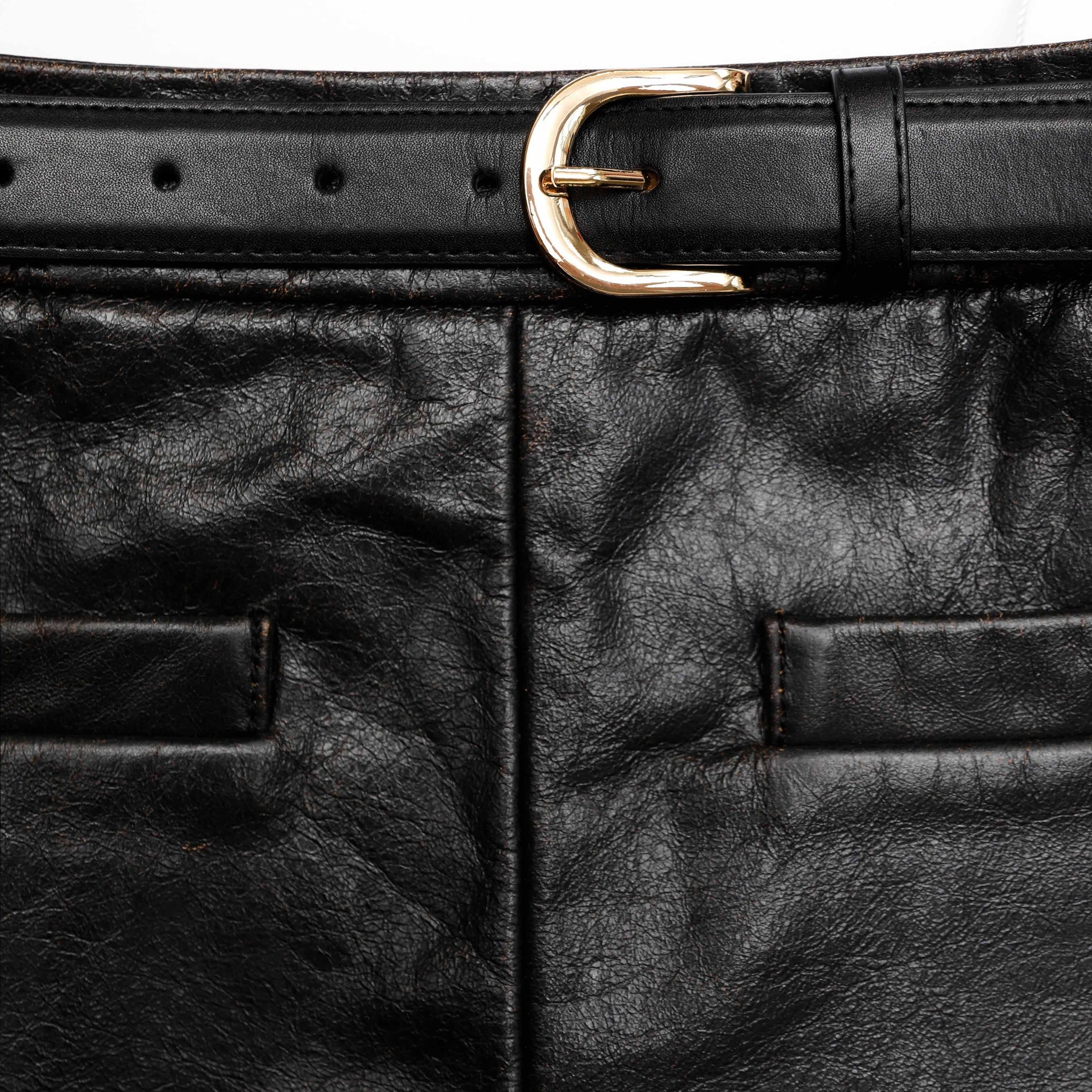 A close up of the fabric for the Black Leather Mini Skirt