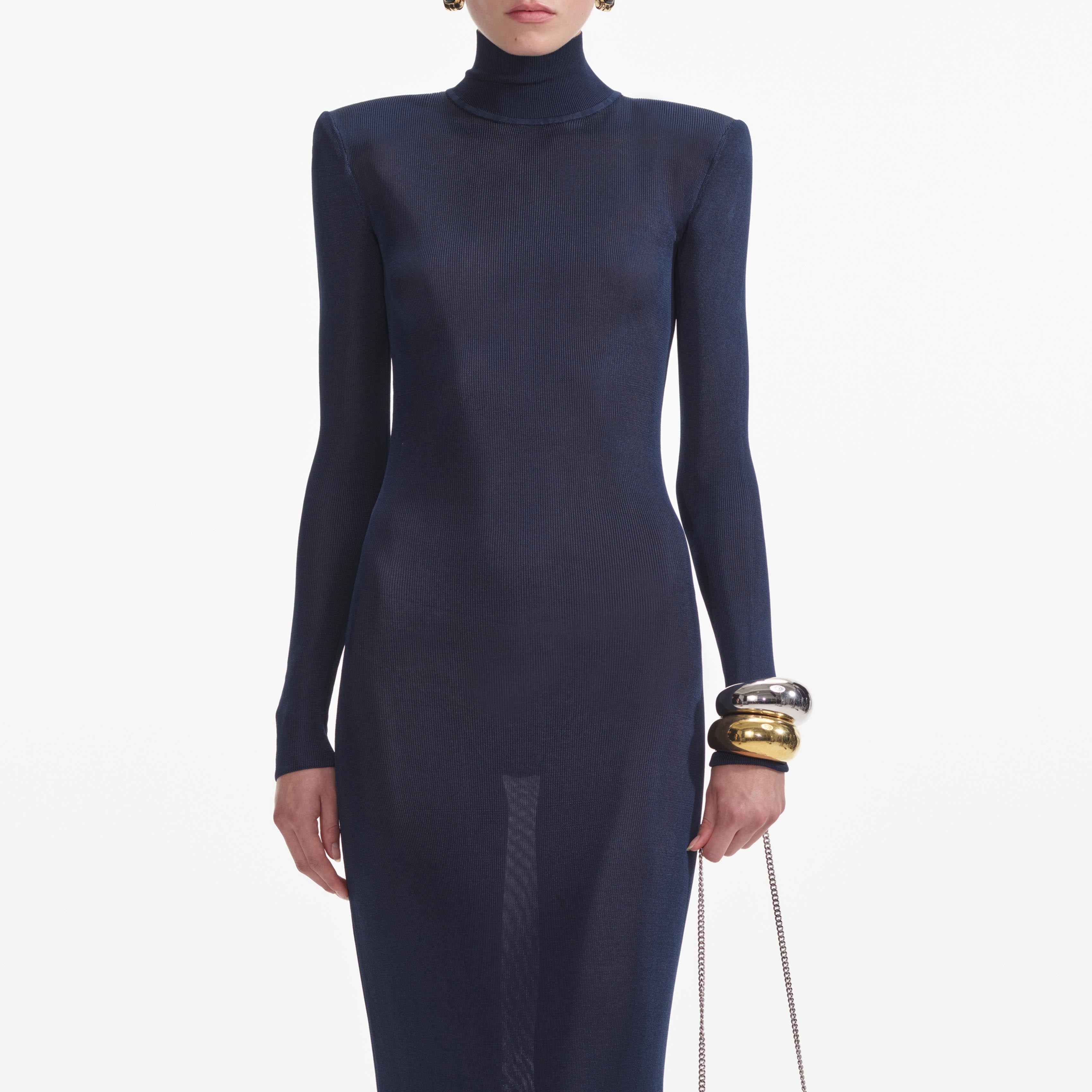 네이비 비스코스 니트 맥시 드레스