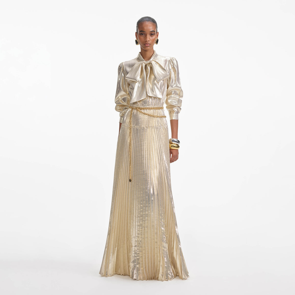 self portrait gold tiered dress Metallic Tie Neck Maxi – self-portrait Flower sequin dress