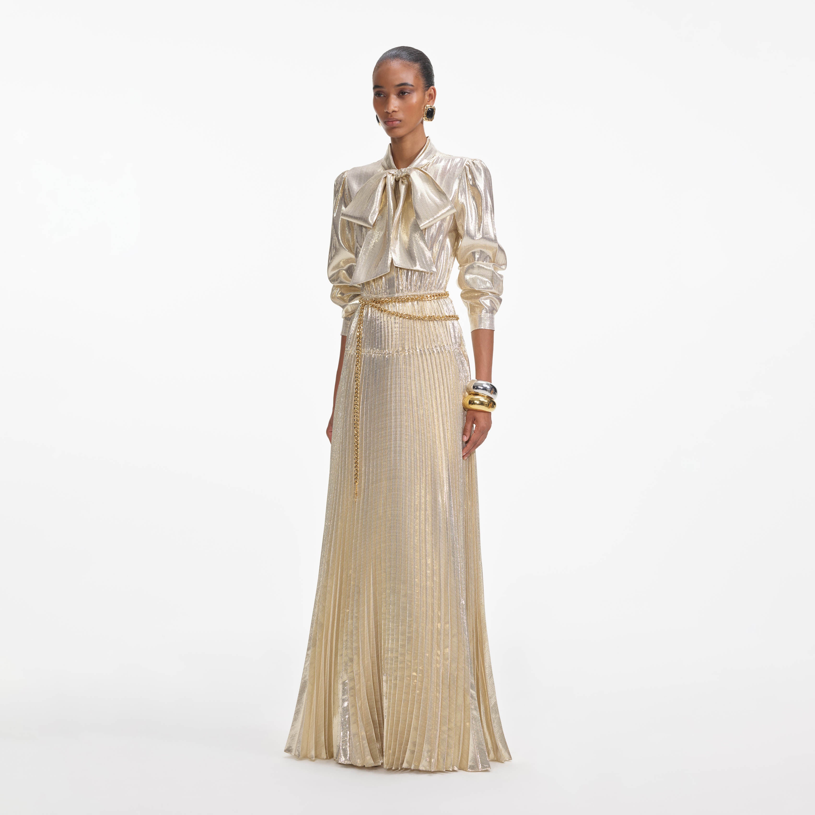 Gold Metallic Tie Neck Maxi Dress – self-portrait