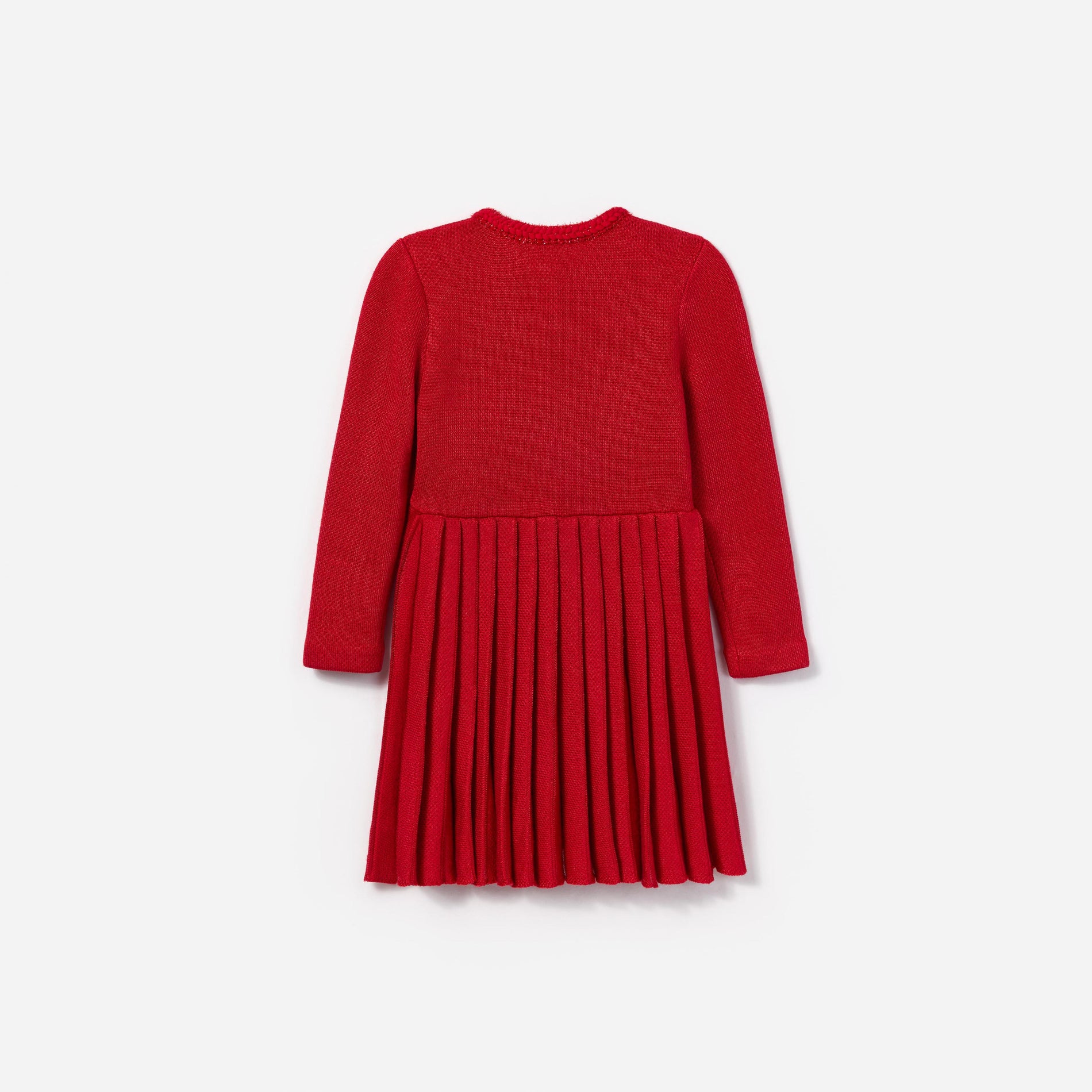 Side view of a woman wearing the Red Knit Pleated Dress