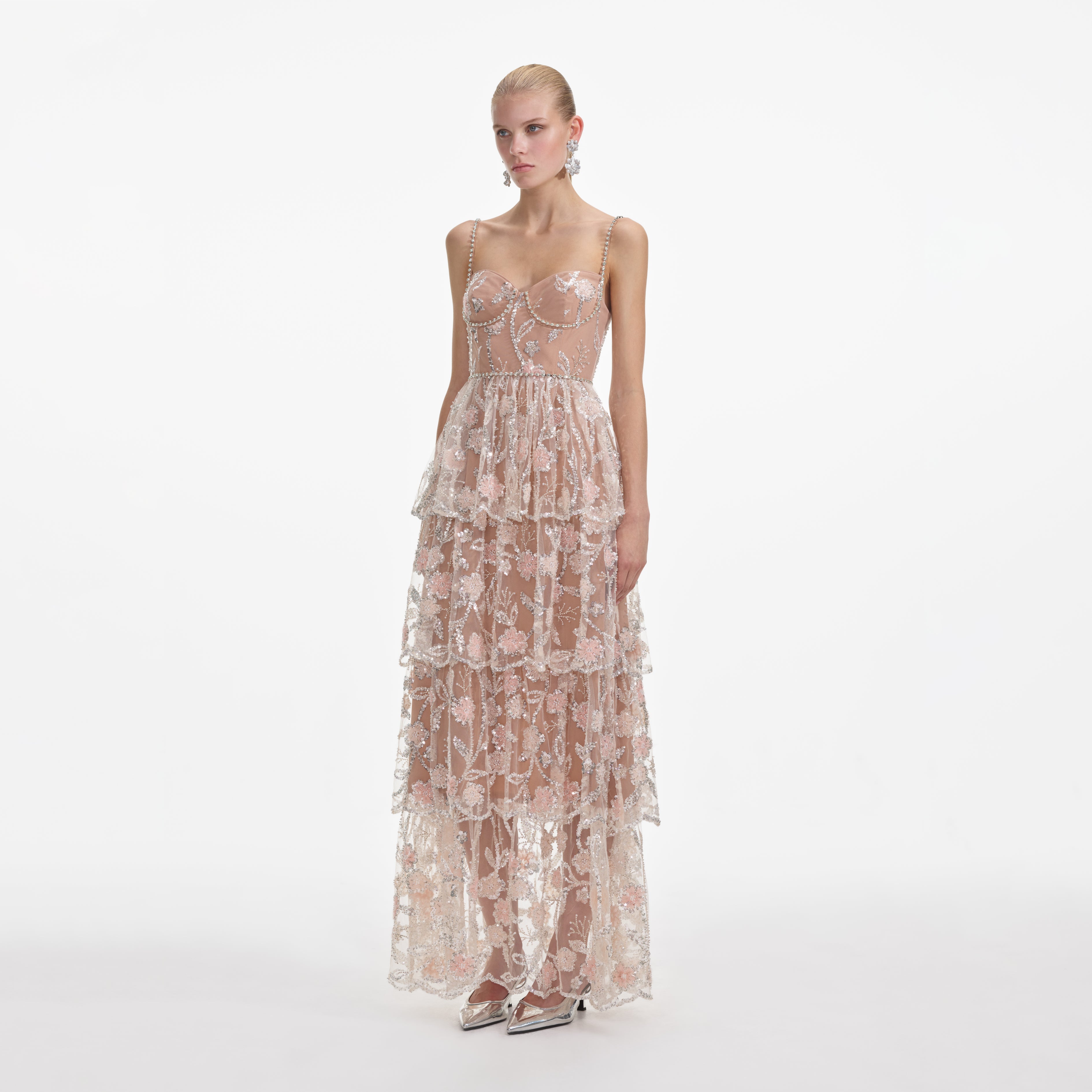 플라워 스팽글 티어 맥시 드레스