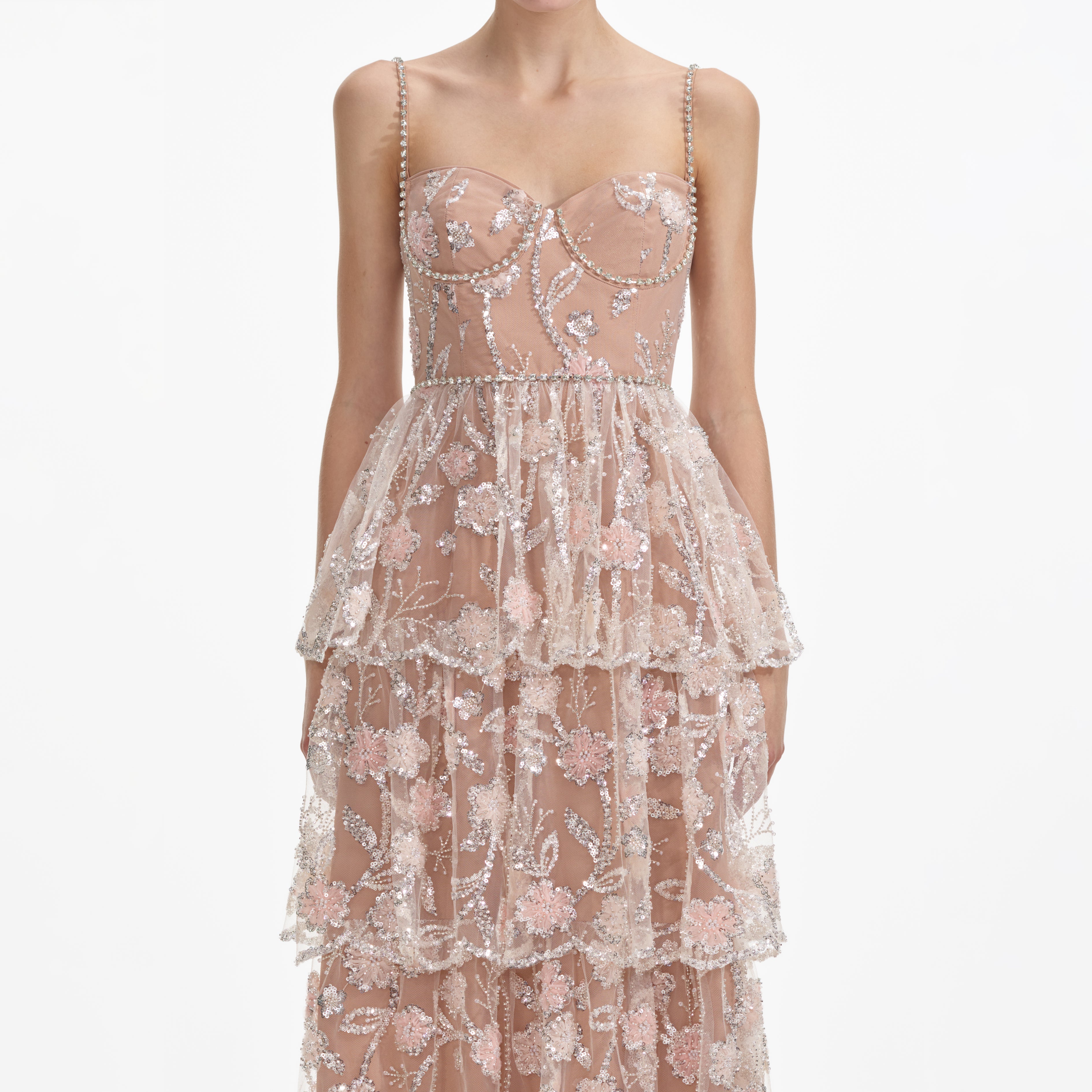 플라워 스팽글 티어 맥시 드레스