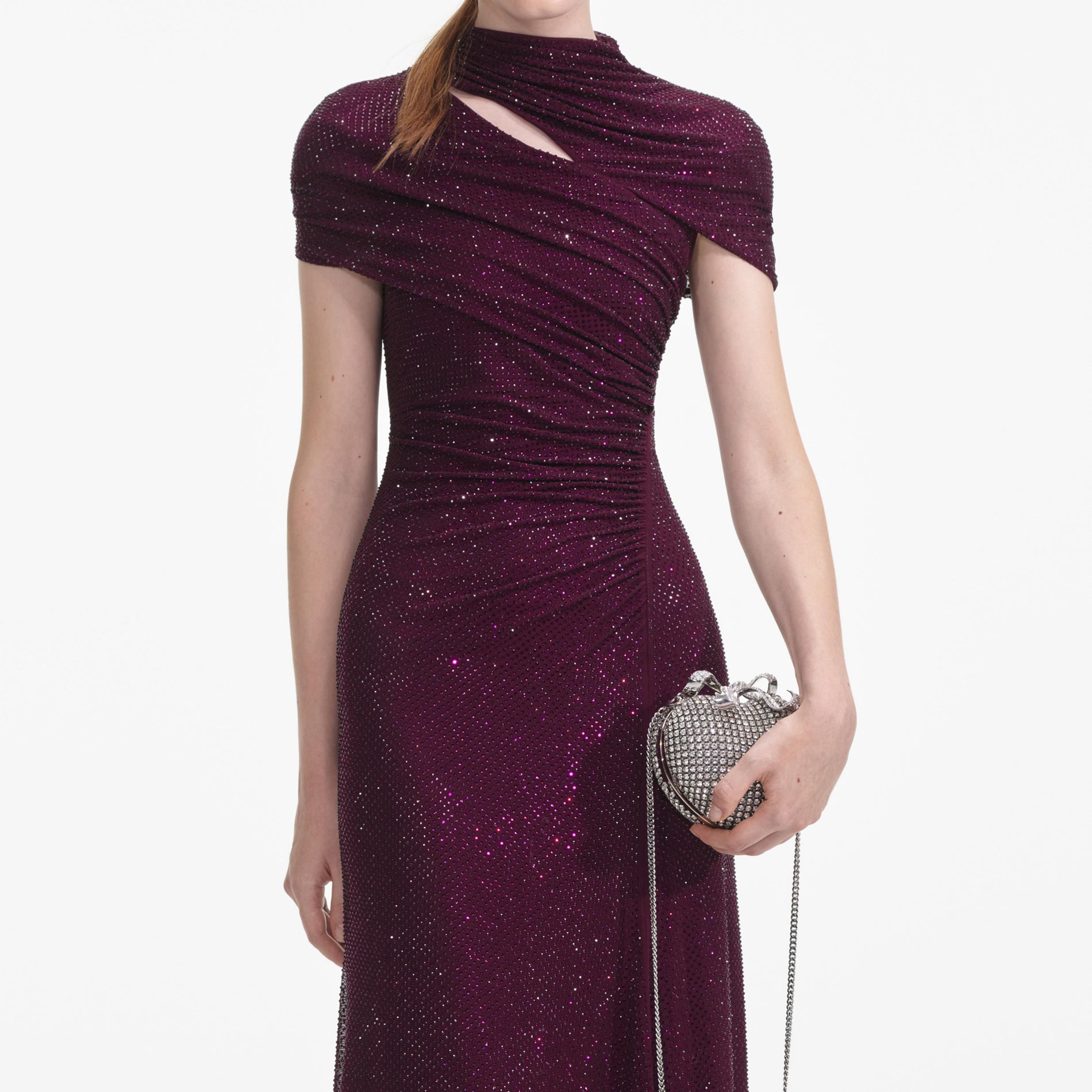 A close up of a woman wearing the Burgundy Rhinestone Mesh Cut Out Midi Dress