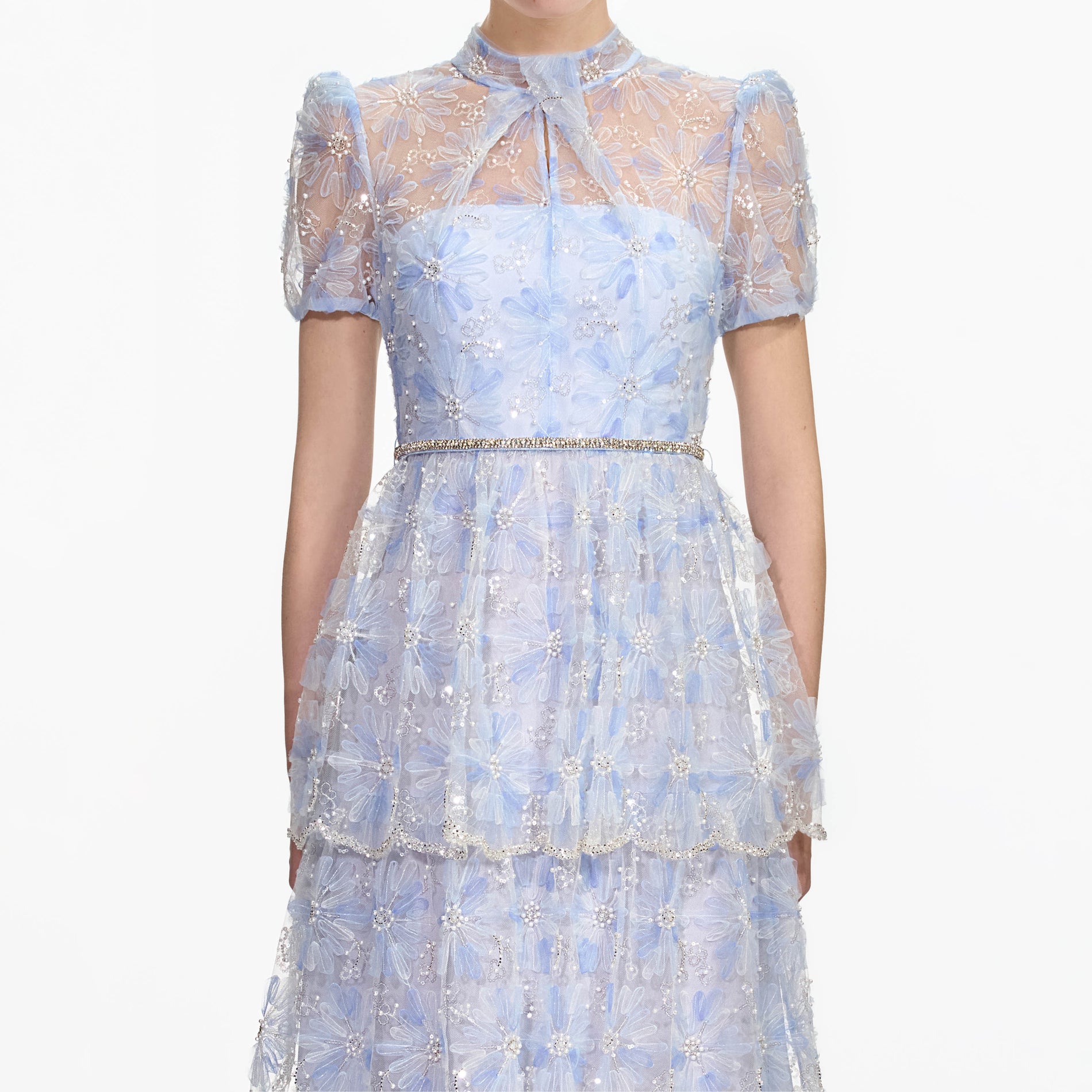 A close up of a woman wearing the Blue Beaded Sequin Lace Maxi Dress