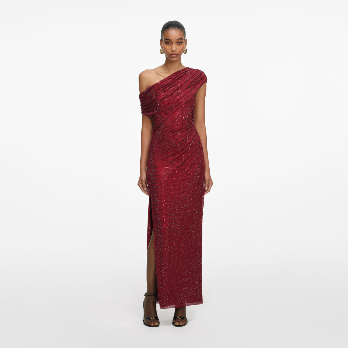 Burgundy Rhinestone Drape Midi Dress – self-portrait