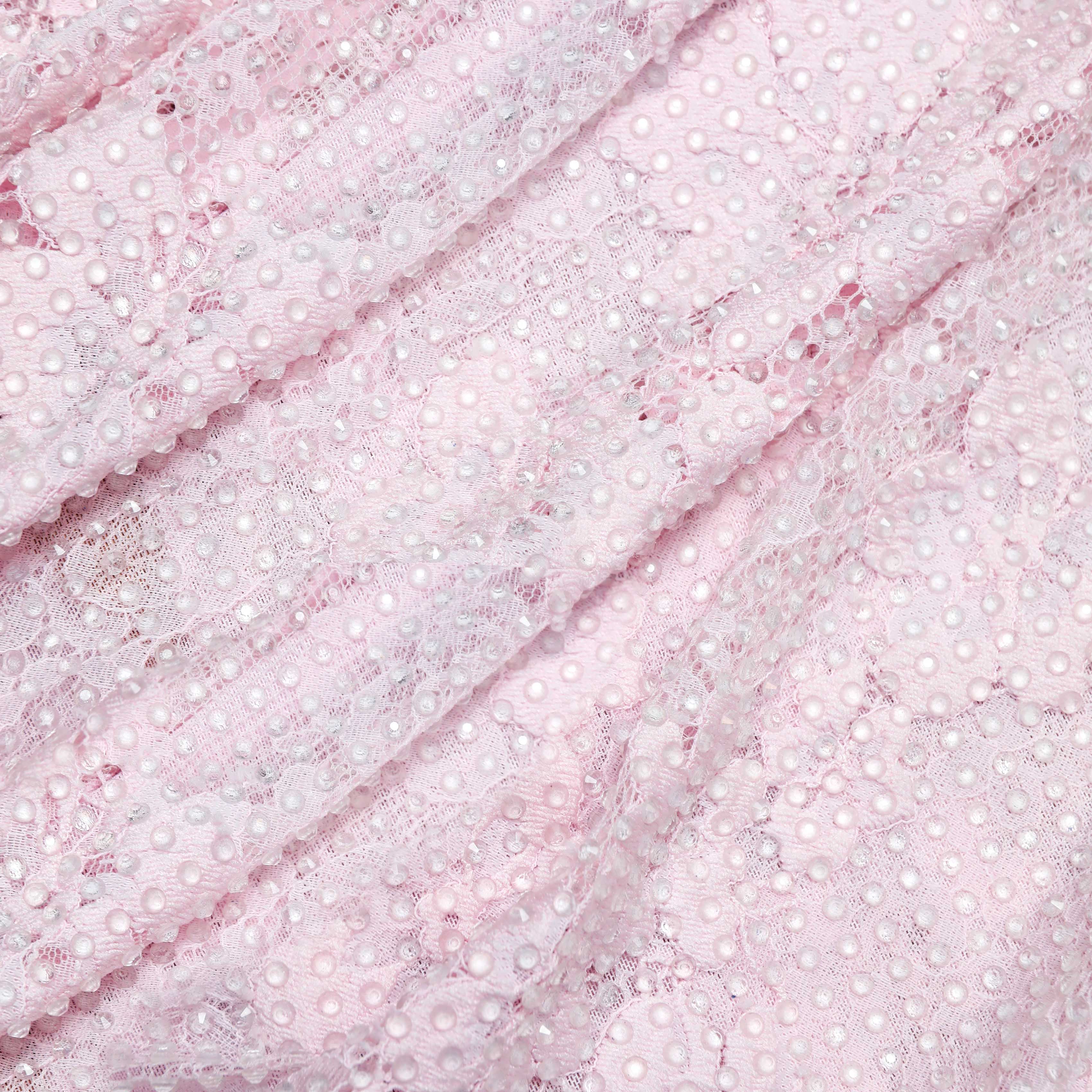 Pink Rhinestone Lace Midi Dress