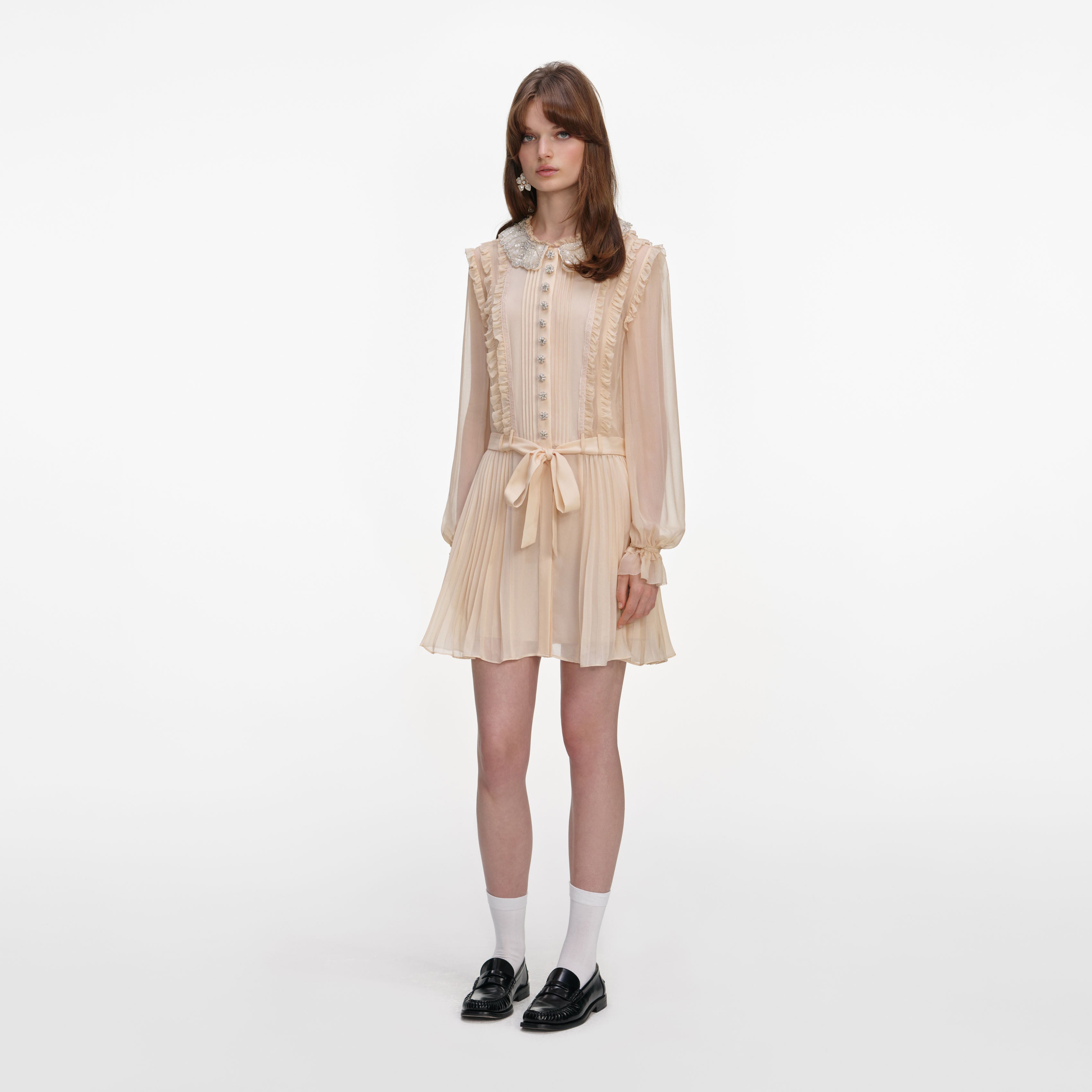 Tan Pleated Georgette Mini Dress – self-portrait